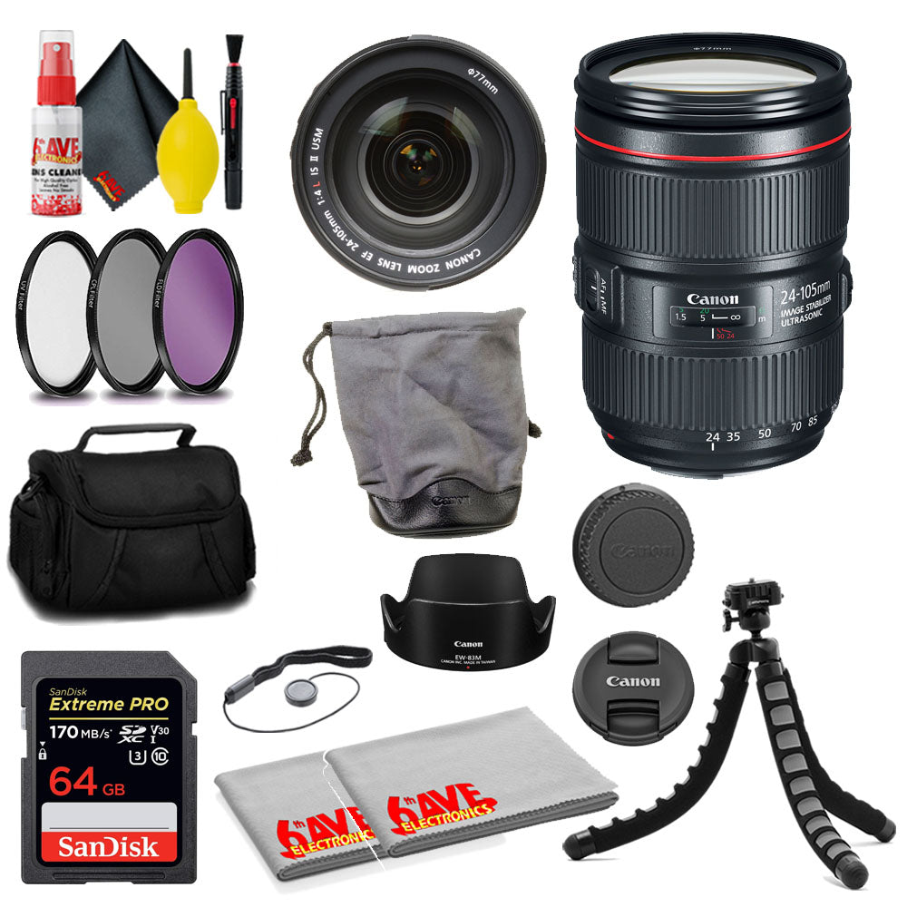 Canon EF 24-105mm f/4L IS II USM Lens + SanDisk 64GB Card + MORE