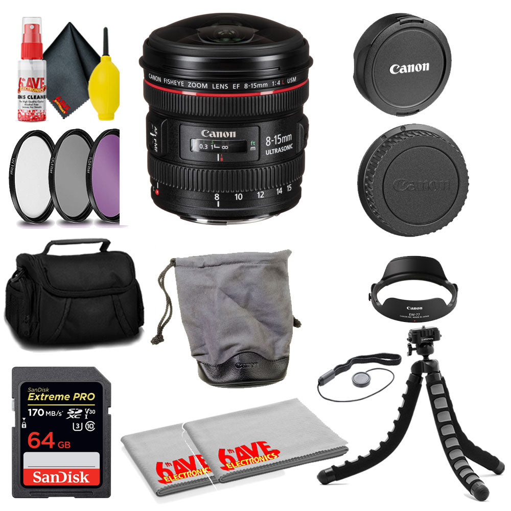 Canon EF 8-15mm f/4L Fisheye USM Lens + SanDisk 64GB Card + MORE Canon