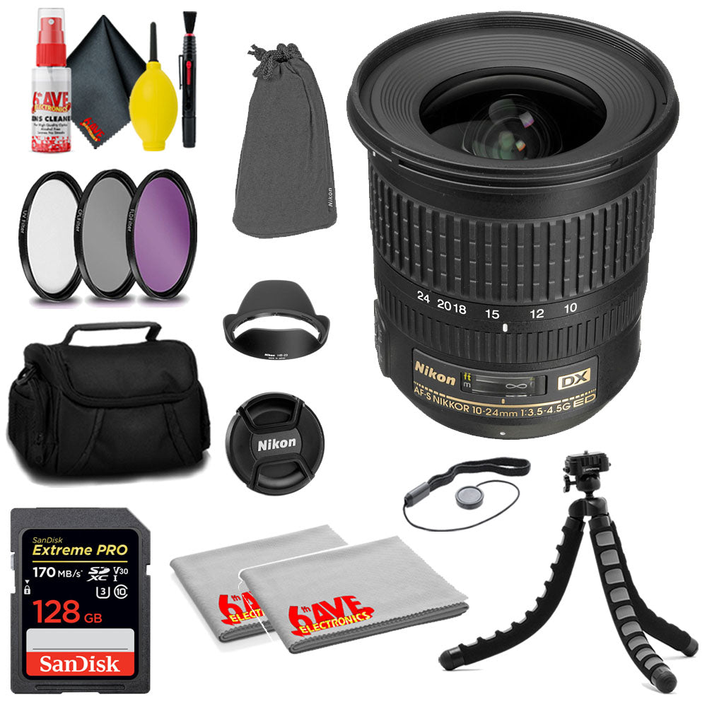 Nikon AF-S DX NIKKOR 10-24mm f/3.5-4.5G ED Lens Intl Model + 128GB Card + MORE Nikon