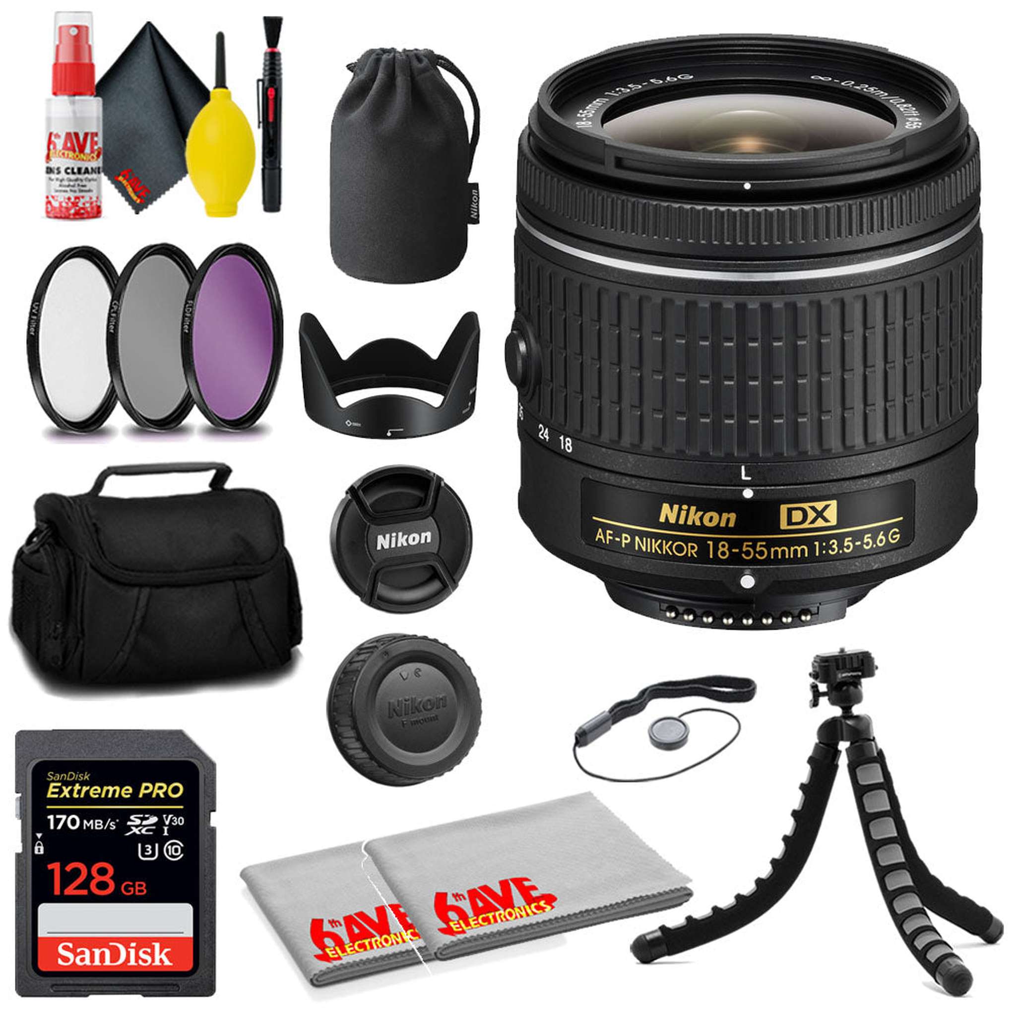 Nikon AF-P DX NIKKOR 18-55mm f/3.5-5.6G Lens Intl Model + 128GB Card + MORE Nikon