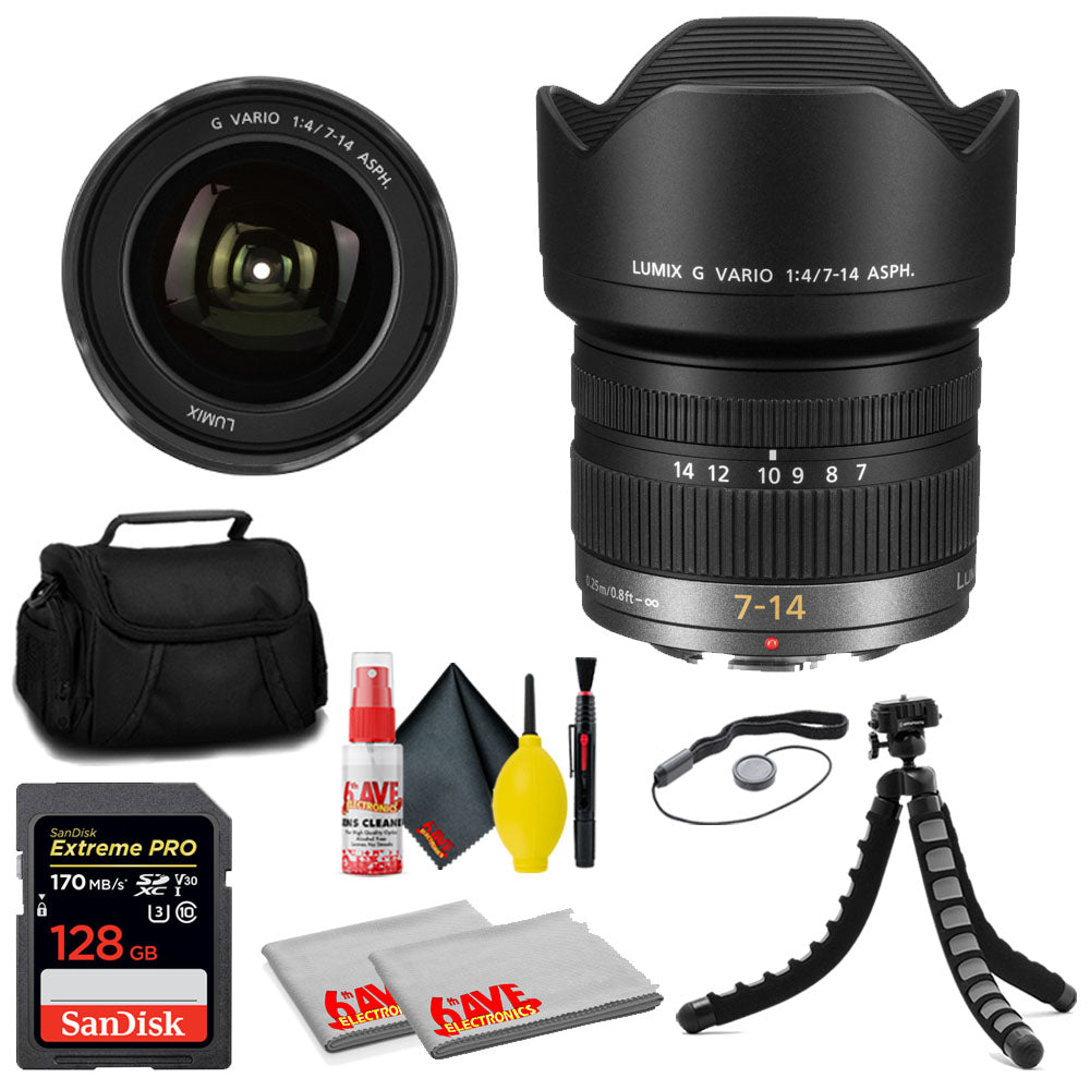 Panasonic Lumix G Vario 7-14mm f/4 ASPH Lens + SanDisk 128GB Memory Card + MORE Panasonic