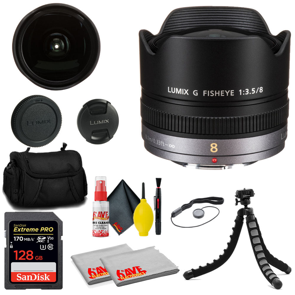 Panasonic Lumix G Fisheye 8mm f/3.5 Lens + SanDisk 128GB Memory Card + MORE Panasonic