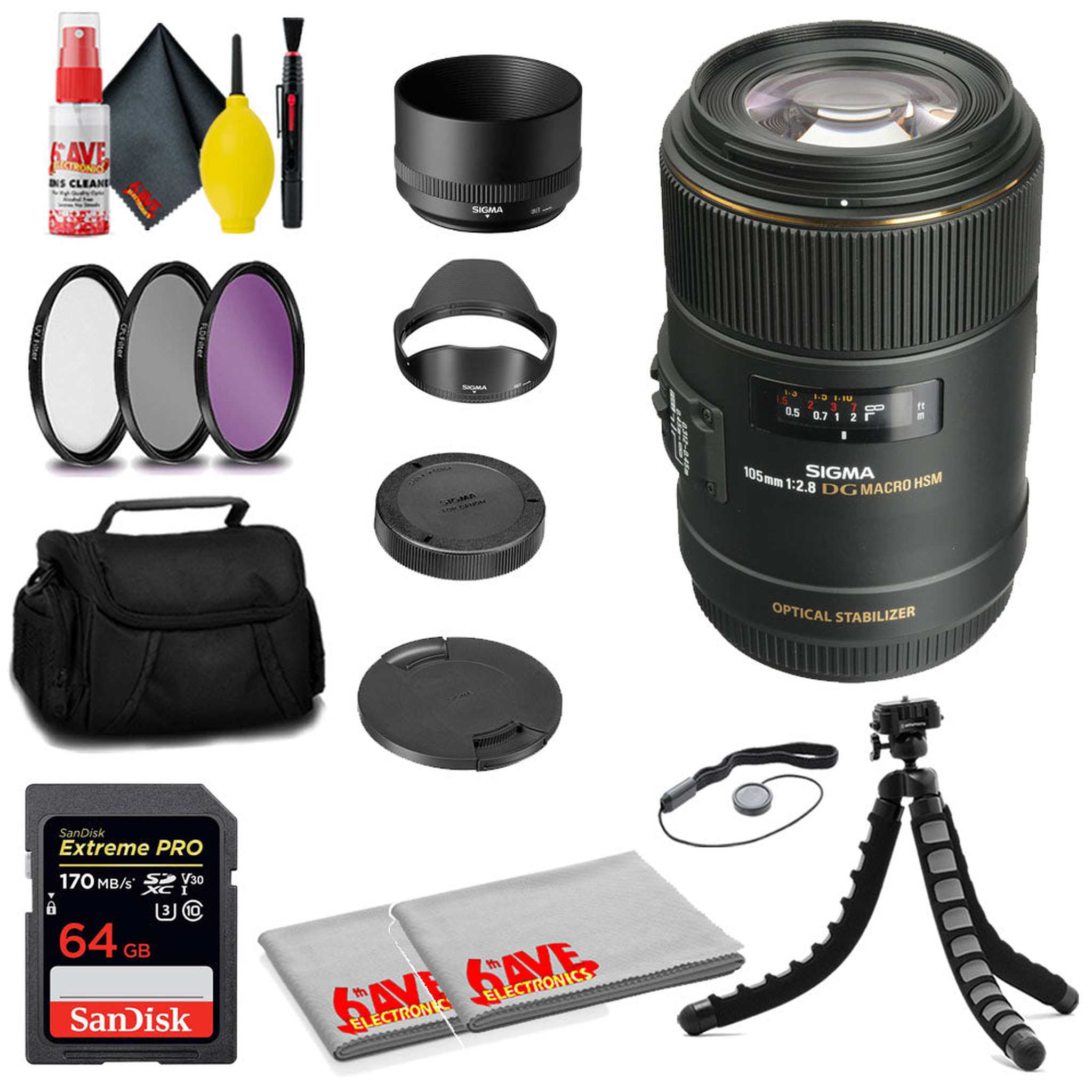 Sigma 105mm f/2.8 EX DG OS HSM Macro Lens Canon EF + SanDisk 64GB Card + MORE Sigma