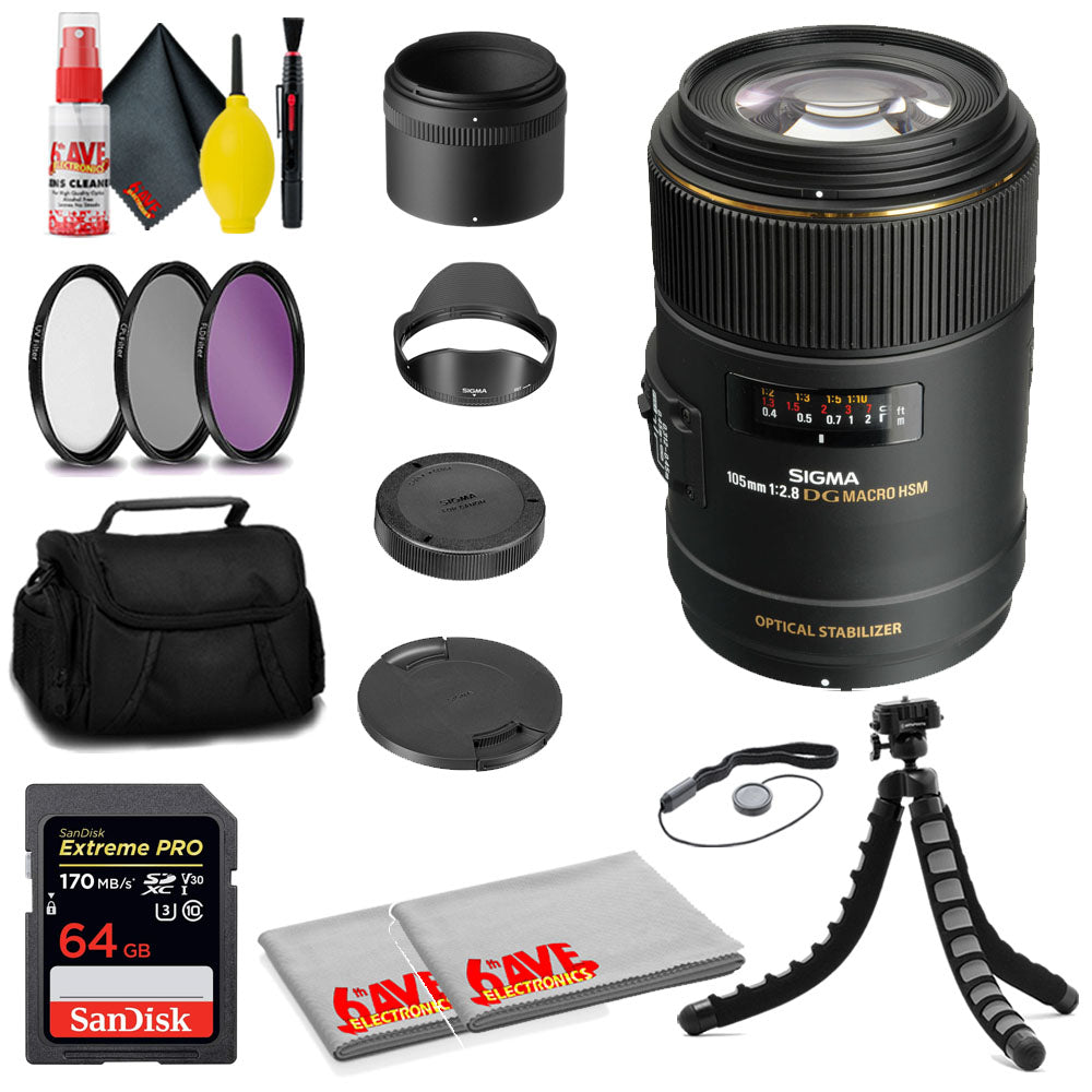 Sigma 105mm f/2.8 EX DG OS HSM Macro Lens for Nikon F + SanDisk 64GB Card + MORE Sigma