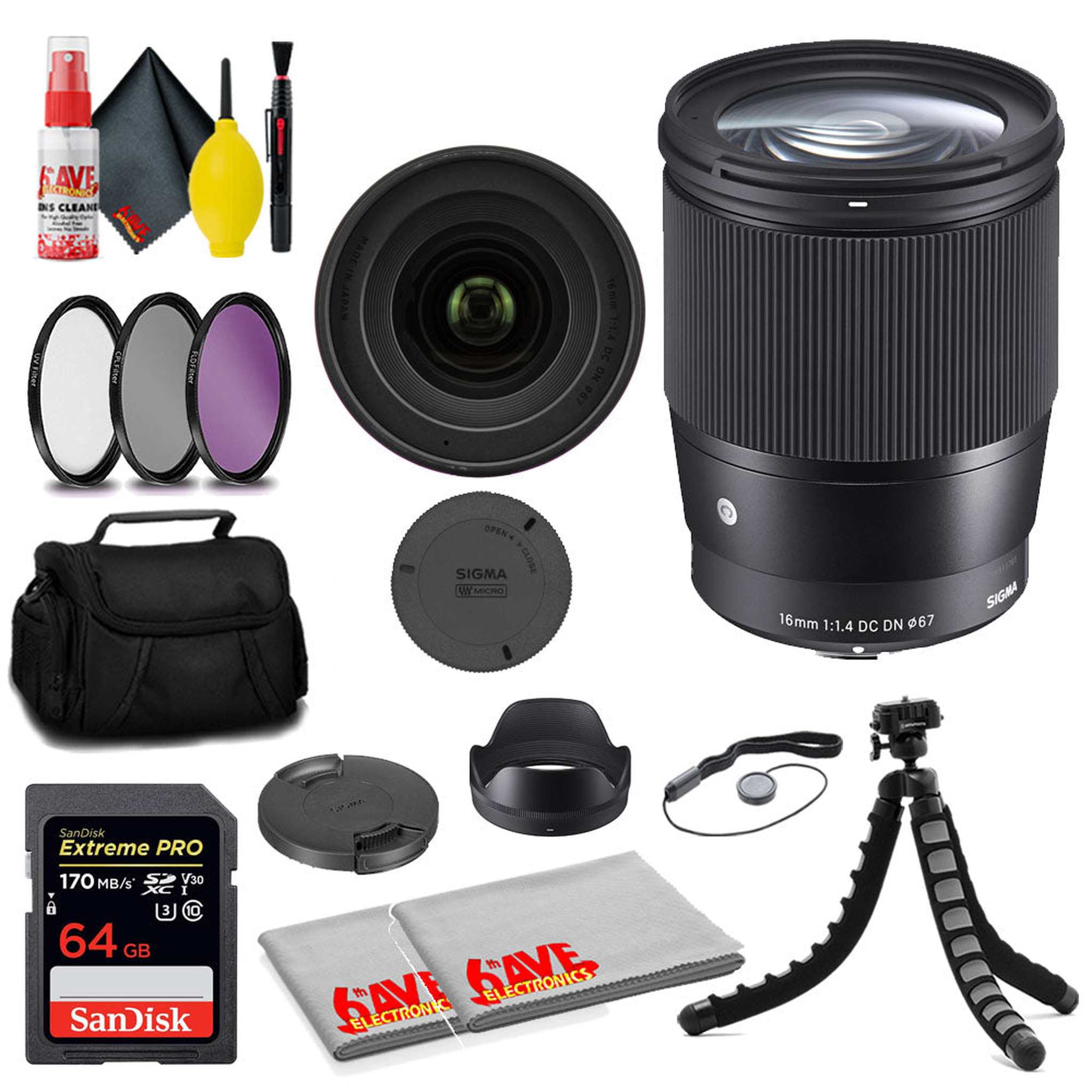 Sigma 16mm f/1.4 DC DN Contemporary Lens for Sony E + 64GB Card + MORE Sigma