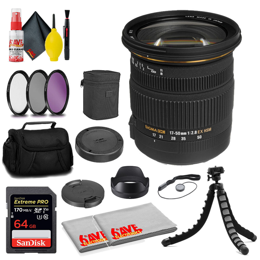 Sigma 17-50mm f/2.8 EX DC OS HSM Lens for Nikon F + 64GB Card + MORE Sigma