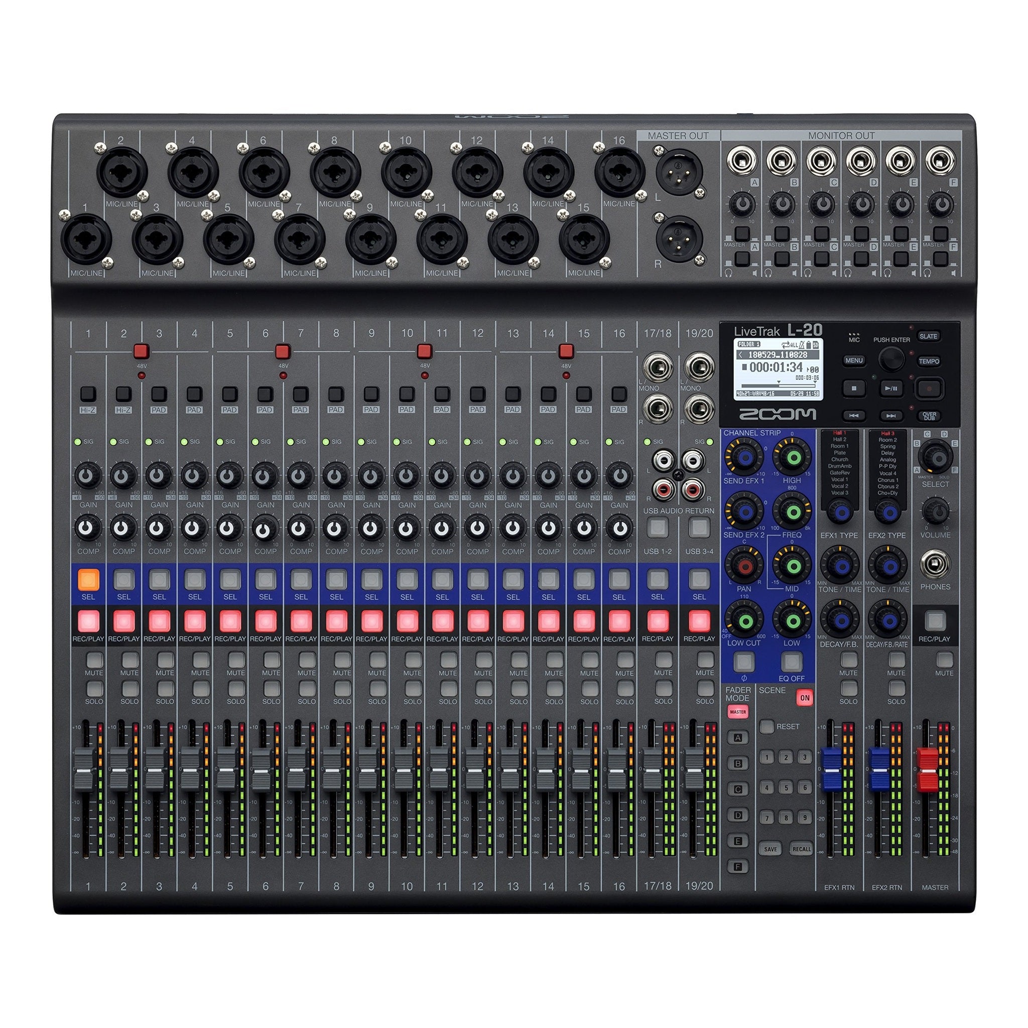 Zoom LiveTrak L-20 Digital Mixer & Multitrack Recorder, 20-Input/ 22-Channel SD Card Recorder, 22-in/4-out USB Audio Interface, 6 Customizable Outputs, Wireless iOS Control Zoom