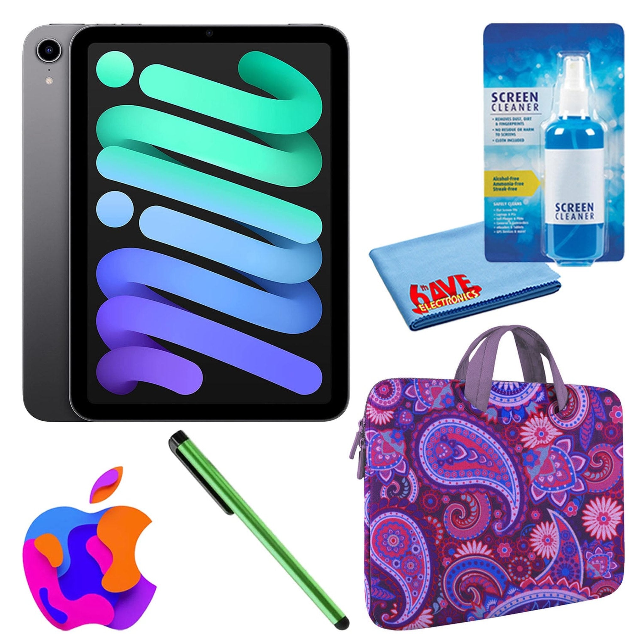 Apple iPad Mini 6 (64GB, Wi-Fi, Space Gray) Bundle with Purple Paisley Sleeve