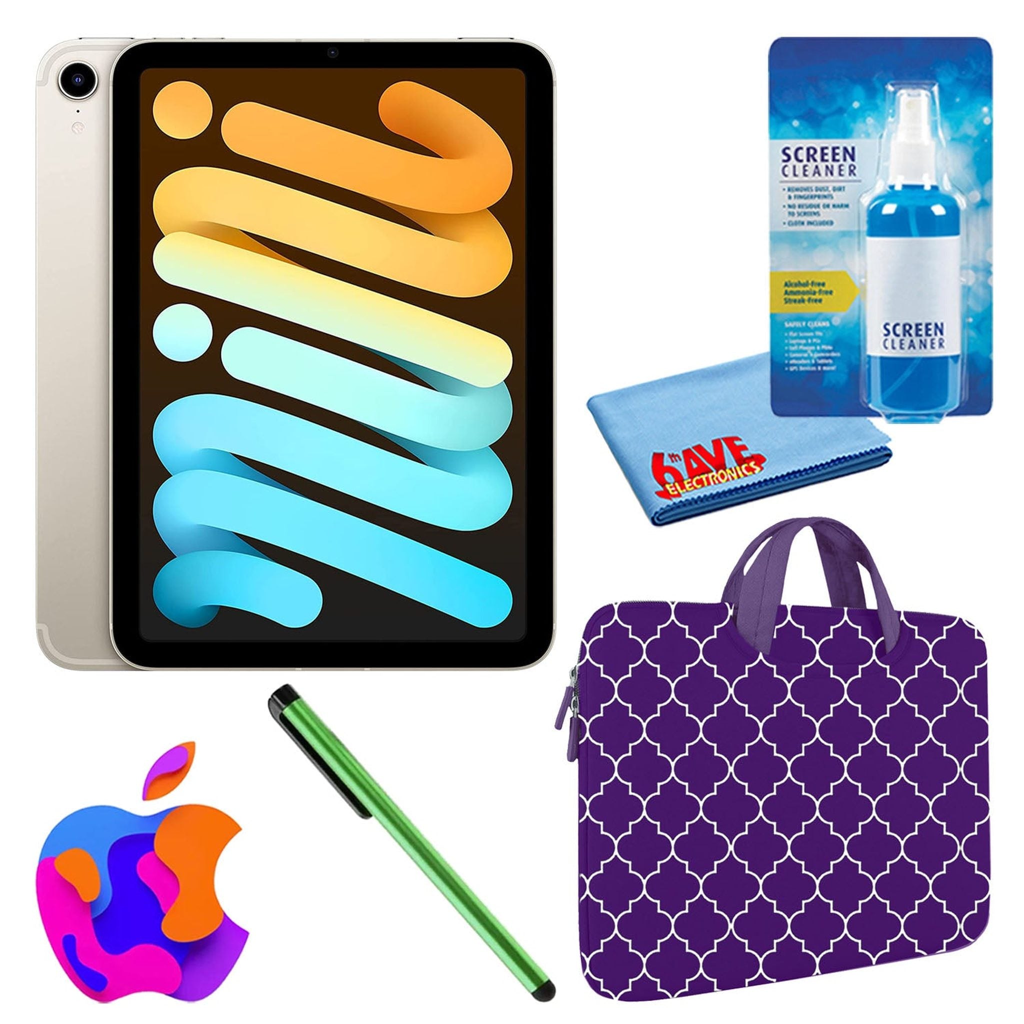 Apple iPad Mini 6 (64GB, Wi-Fi, Starlight) Bundle with Purple Moroccan Sleeve