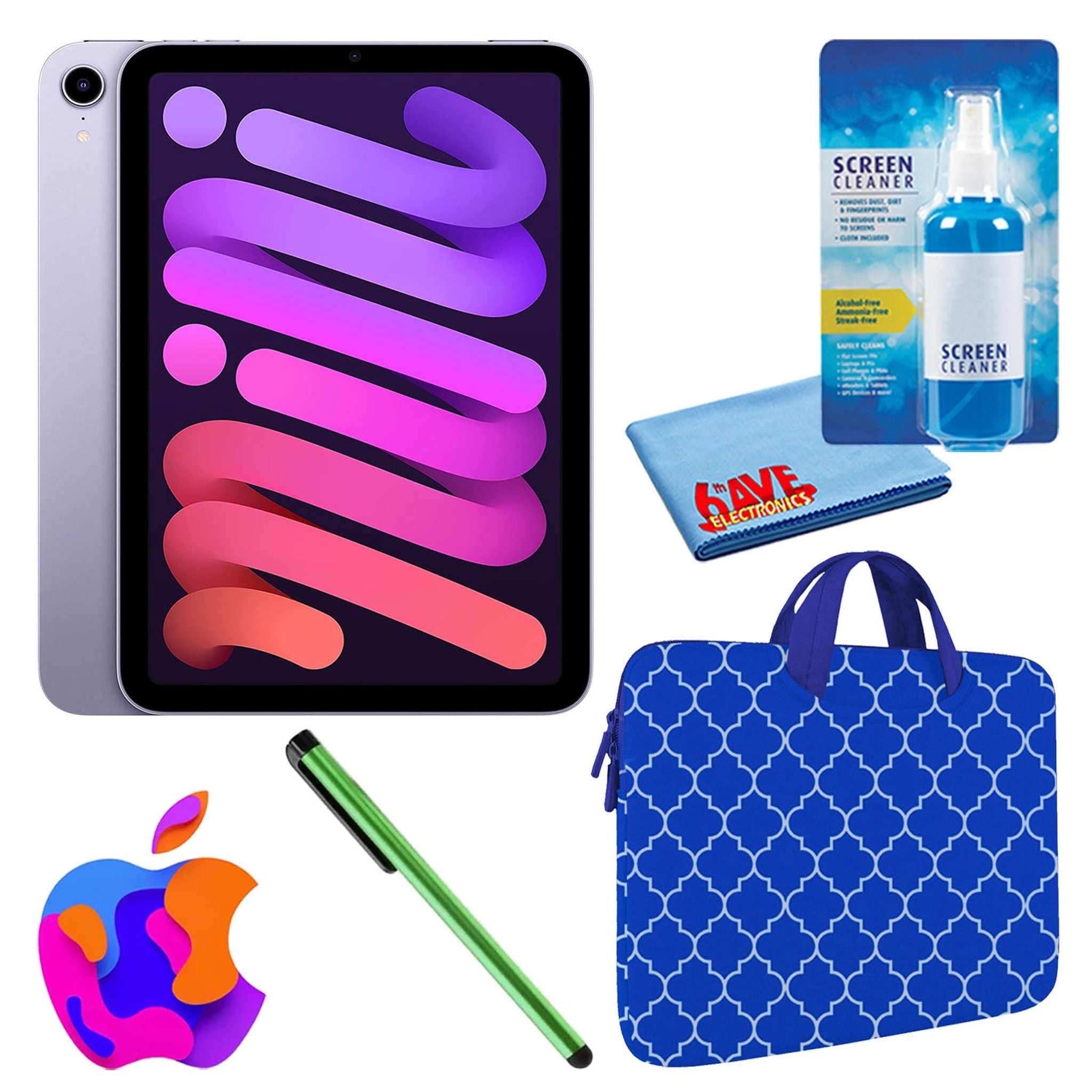 Apple iPad Mini 6 (64GB, Wi-Fi, Purple) Bundle with Blue Moroccan Sleeve