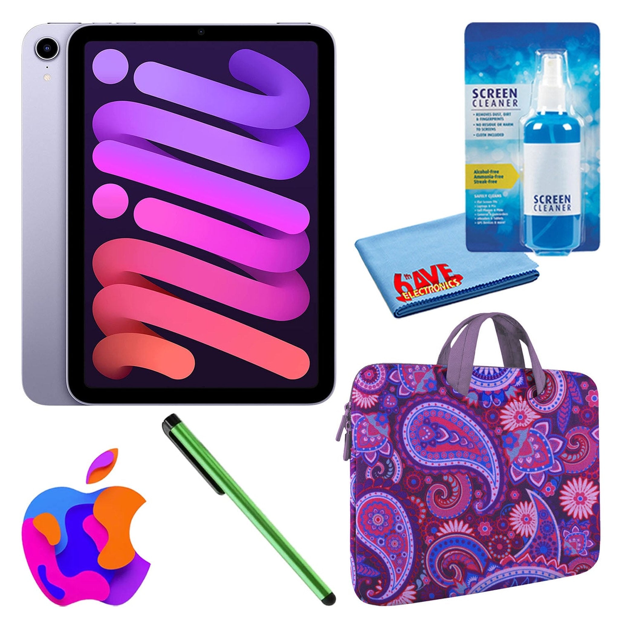 Apple iPad Mini 6 (64GB, Wi-Fi, Purple) Bundle with Purple Paisley Sleeve