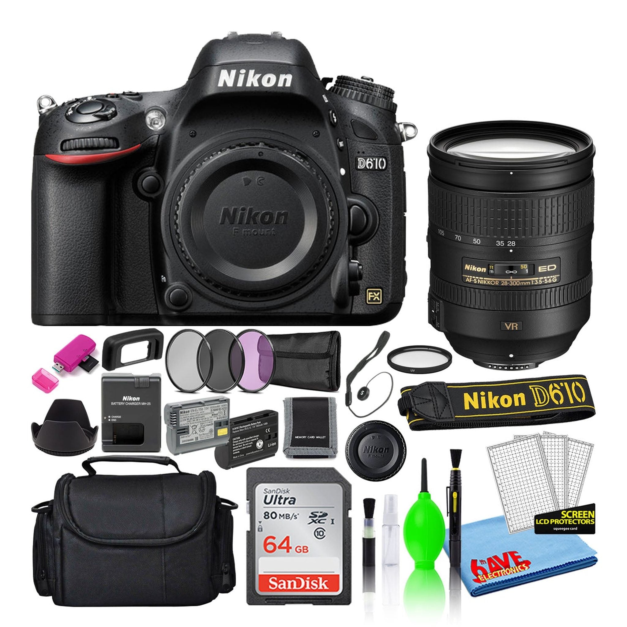 Nikon D610 Digital Camera with 28-300mm Lens 1540 with 64GB Card + Bag Intl Nikon