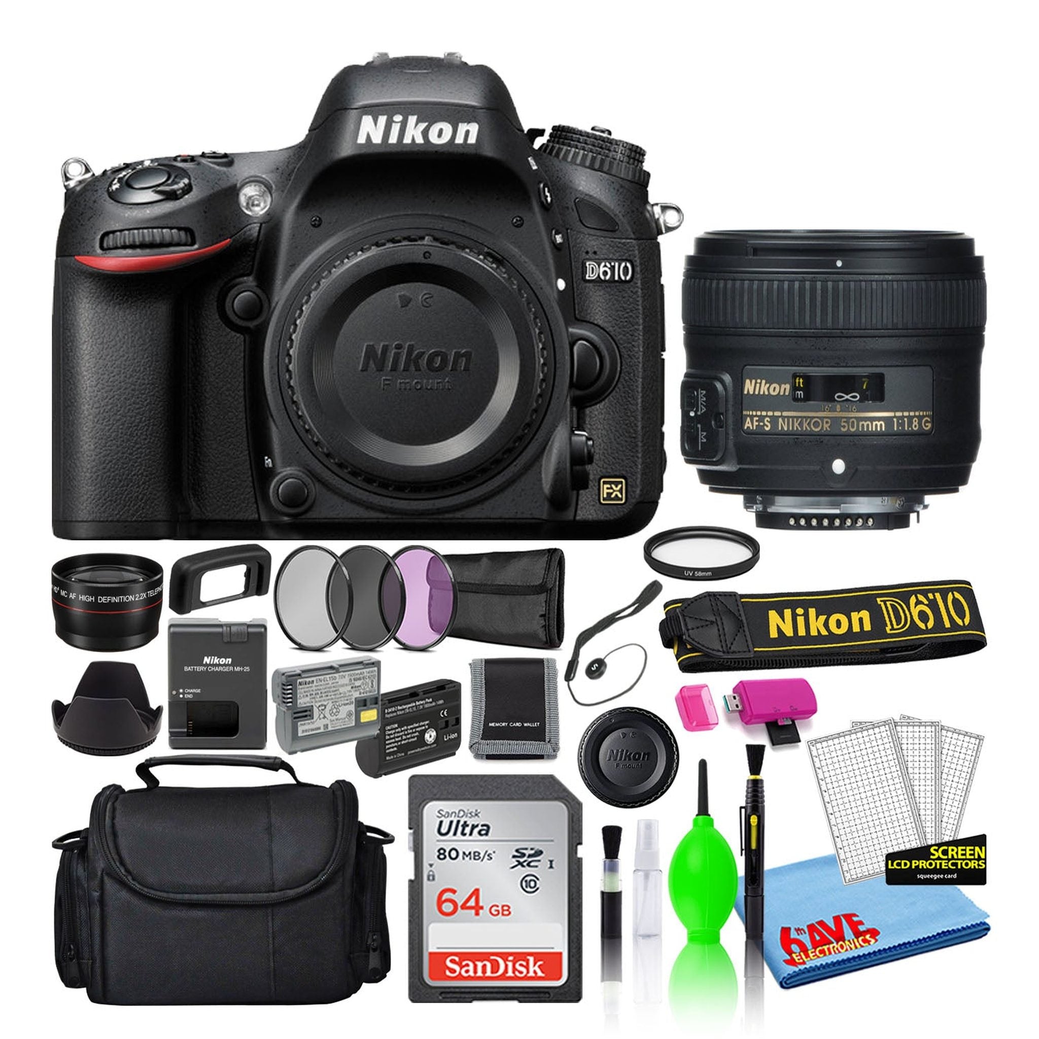 Nikon D610 Digital Camera with 50mm Lens 13550 + 64GB Card + Camera Bag Intl Nikon