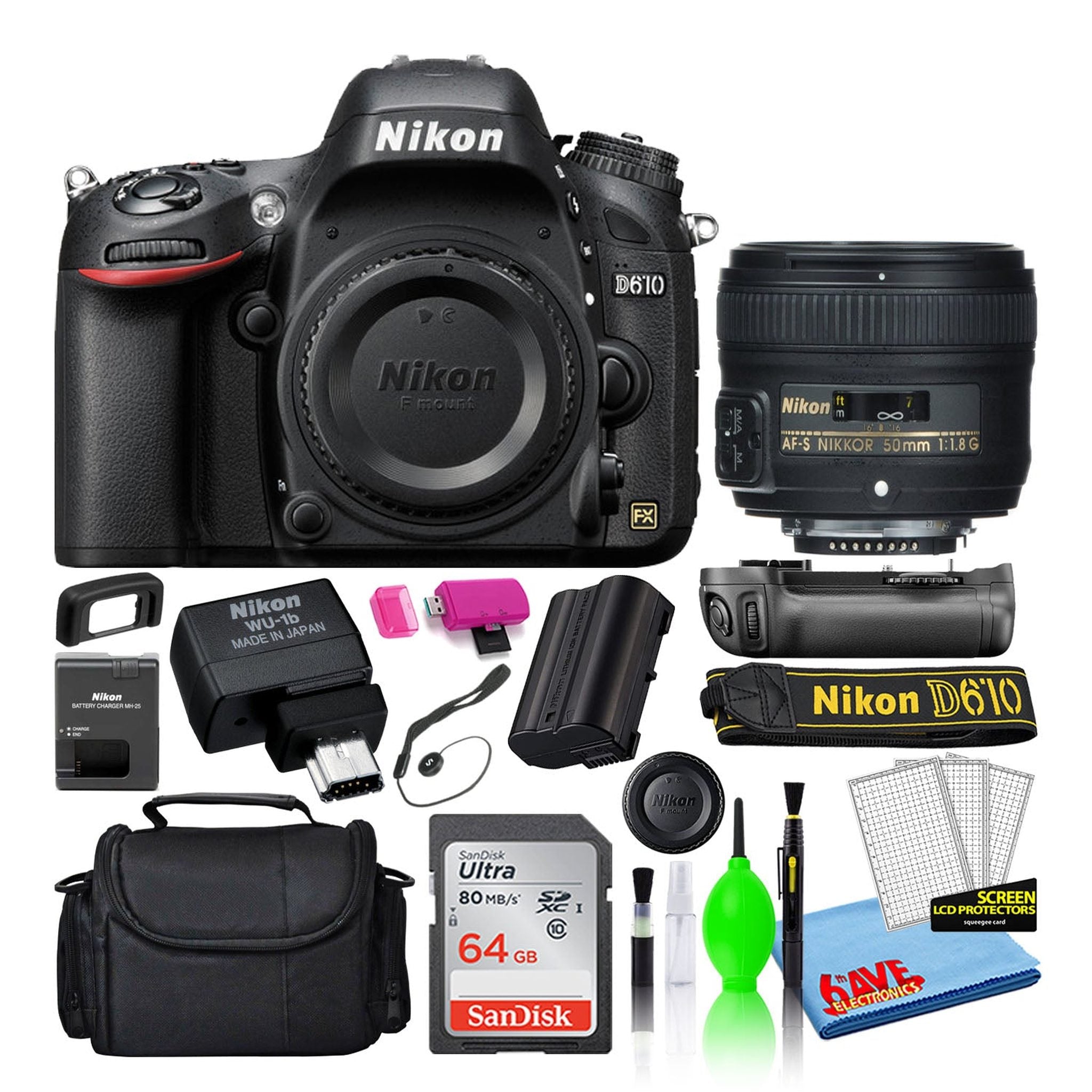 Nikon D610 Digital Camera with 50mm Lens, MBD-14 Grip, WU-1b Adapter 13550, Intl Nikon