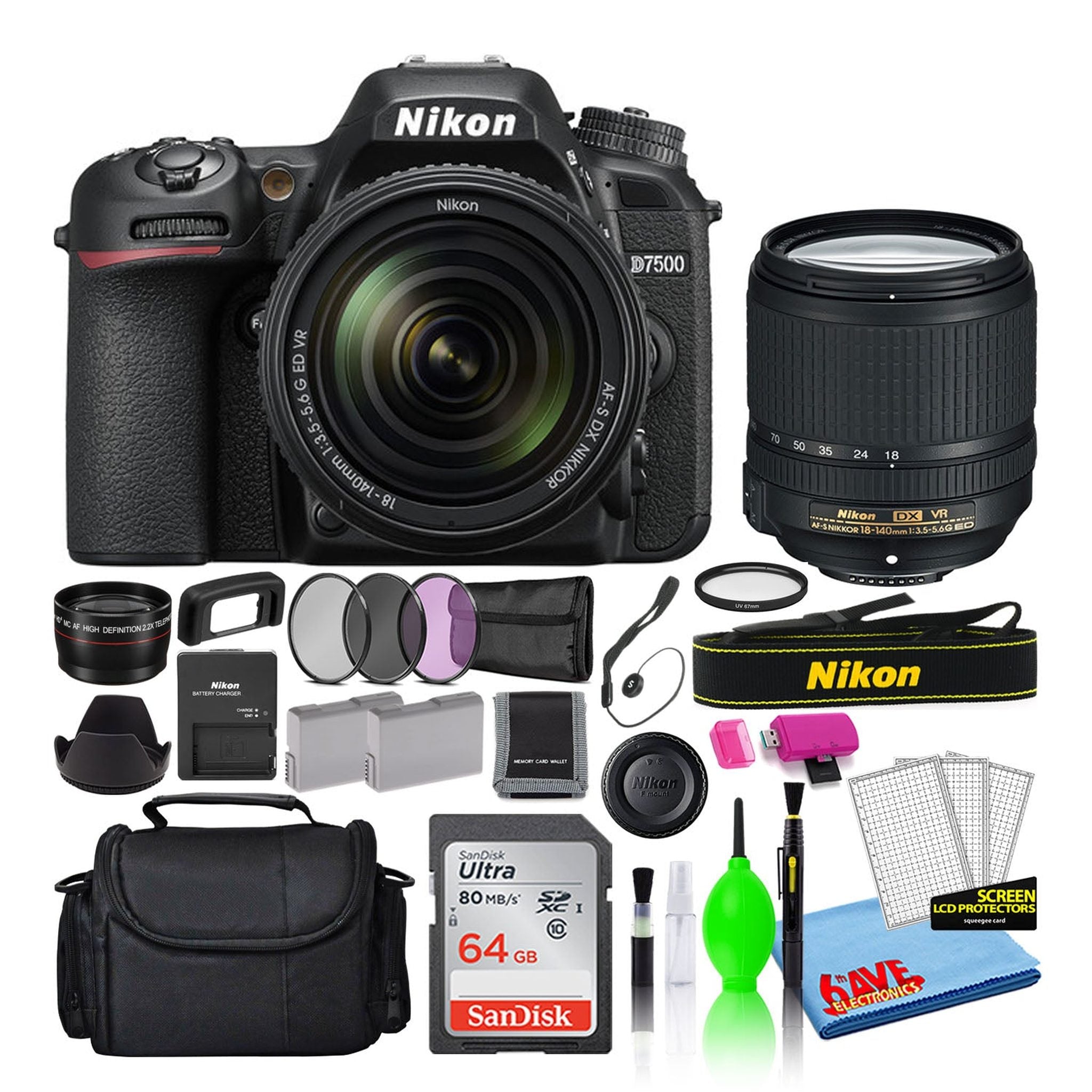 Nikon D7500 Digital Camera with 18-140mm VR Lens 1582 + 64GB Card + Bag Intl Nikon