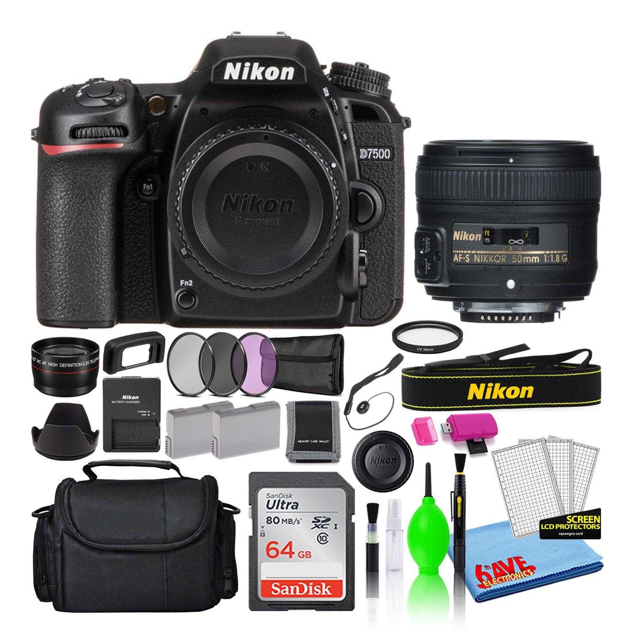 Nikon D7500 Digital Camera with 50mm f/1.8G Lens 1581 + 64GB Card + Bag Intl Nikon