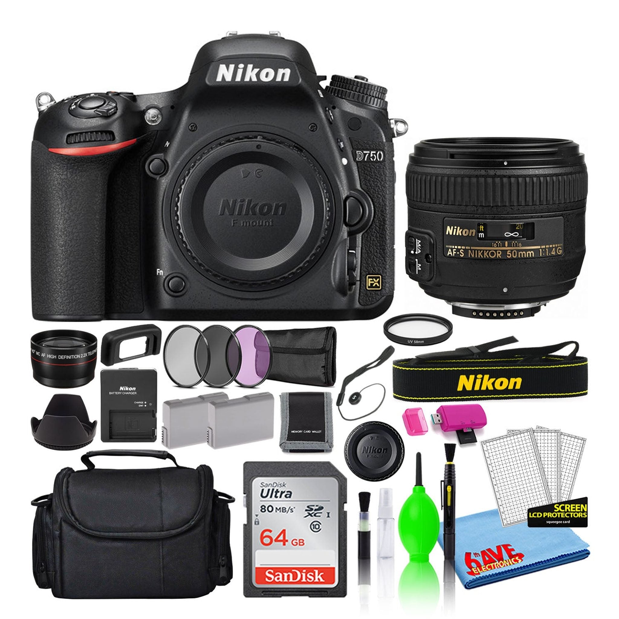 Nikon D750 Digital Camera with 50mm f/1.4G Lens 1543 + 64GB Card + Bag Intl Nikon