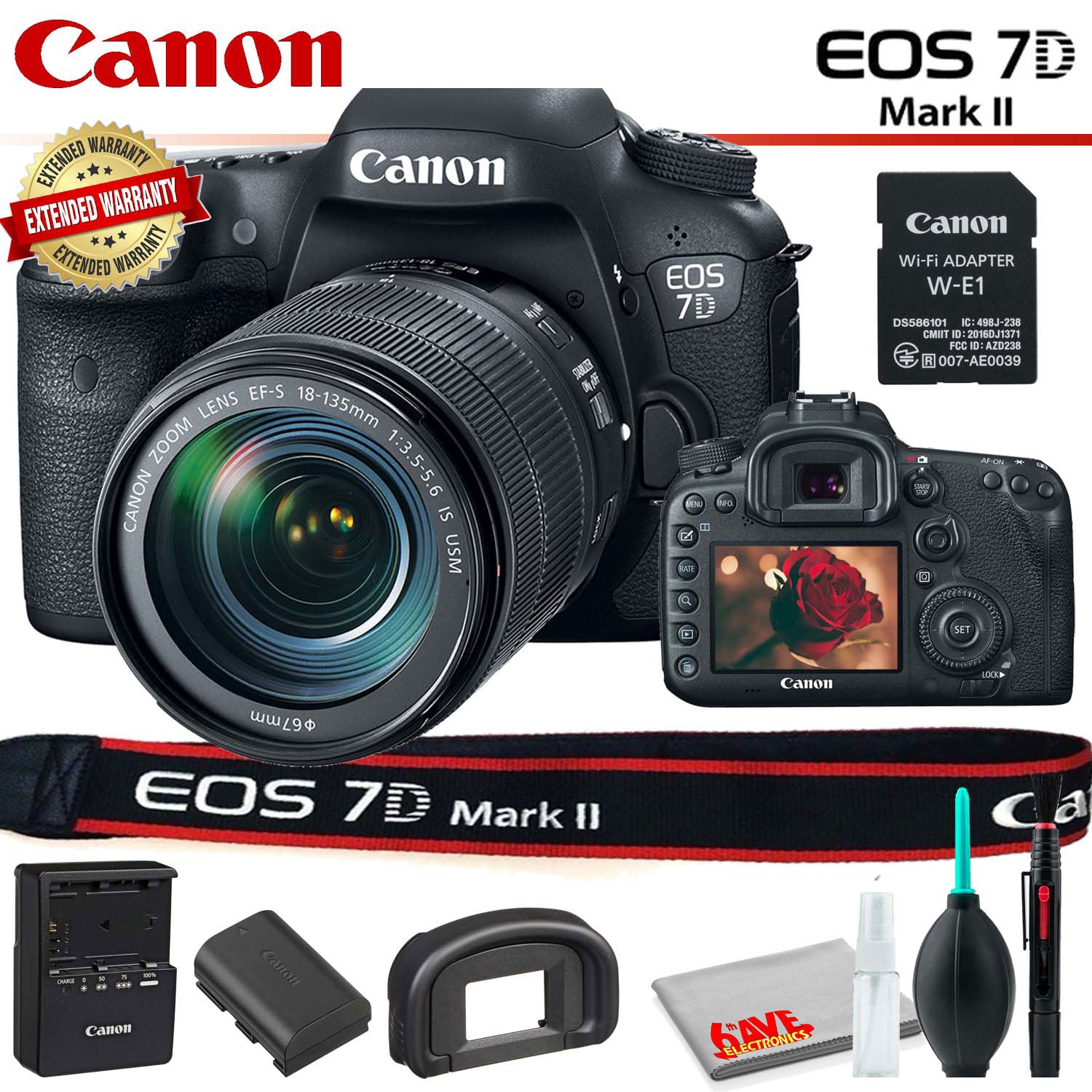 Canon EOS 7D Mark II DSLR Camera Intl Model with 18-135mm Lens & W-E1 Wi-Fi Adapter With Cleaning Kit and Extended Warranty Canon