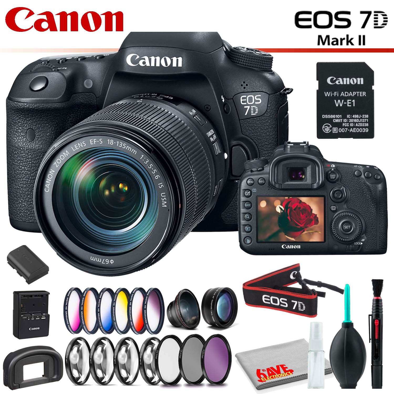 Canon EOS 7D Mark II DSLR Camera Intl Model with 18-135mm Lens & W-E1 Wi-Fi Adapter With Filter Kit and Cleaning Kit Canon