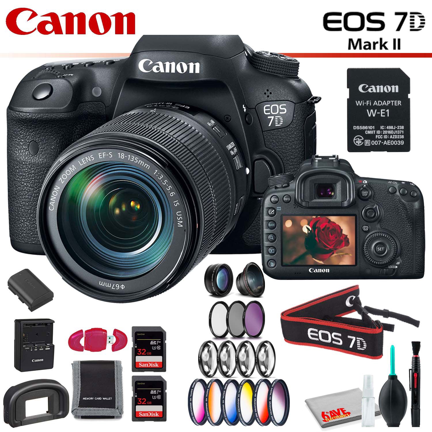 Canon EOS 7D Mark II DSLR Camera Intl Model with 18-135mm Lens & W-E1 Wi-Fi Adapter With Memory Card Kit, Filter Kit Canon