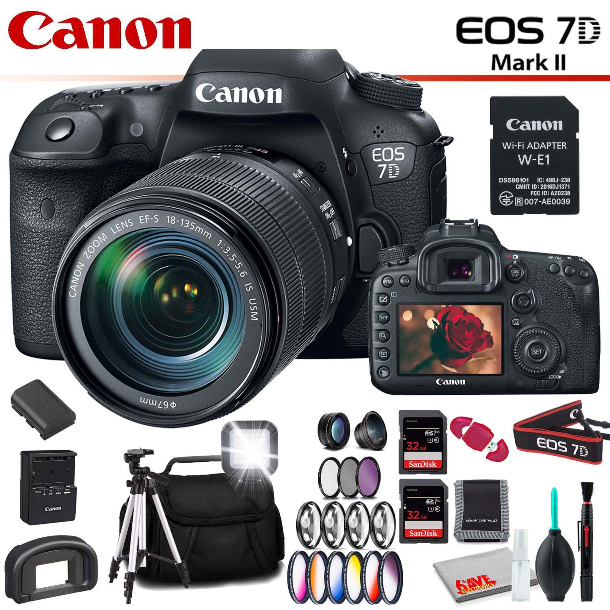 Canon EOS 7D Mark II DSLR Camera Intl Model w/ 18-135mm Lens & W-E1 Wi-Fi Adapter With Memory Card Kit, Filter Kit Canon