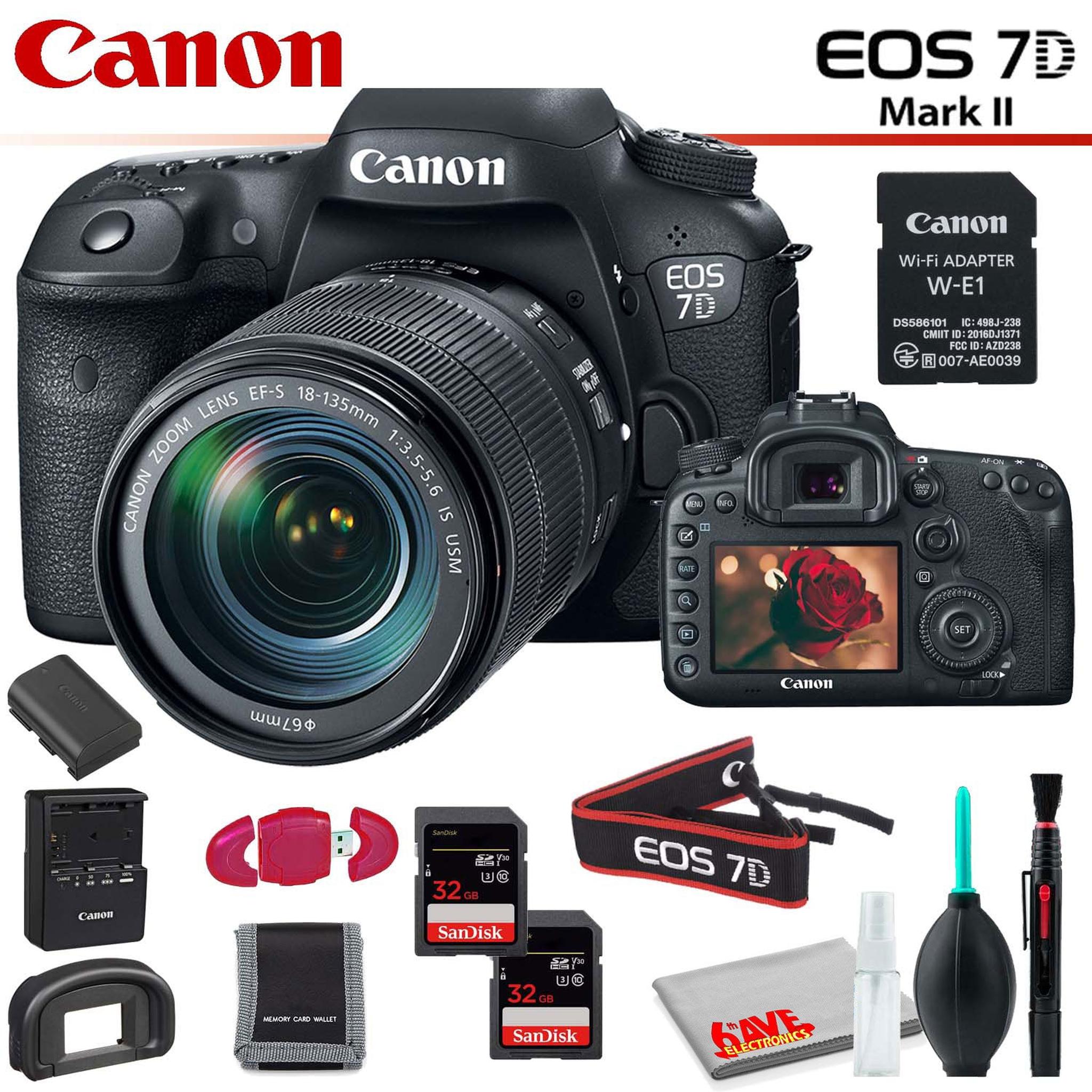 Canon EOS 7D Mark II DSLR Camera with 18-135mm Lens & W-E1 Wi-Fi Adapter With Memory Card Kit and Cleaning Kit Canon