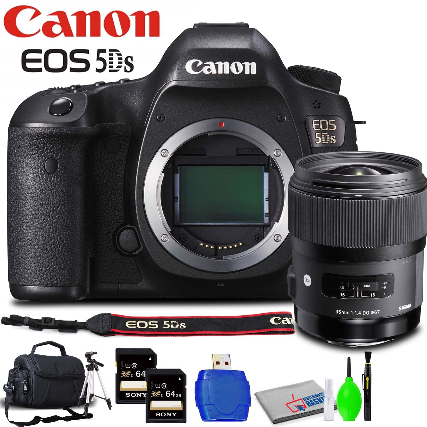 Canon EOS 5DS DSLR Camera Body Only Accessory Bundle with Sigma 35mm Lens, Memory Card Kit, Carrying Case, Tripod Canon