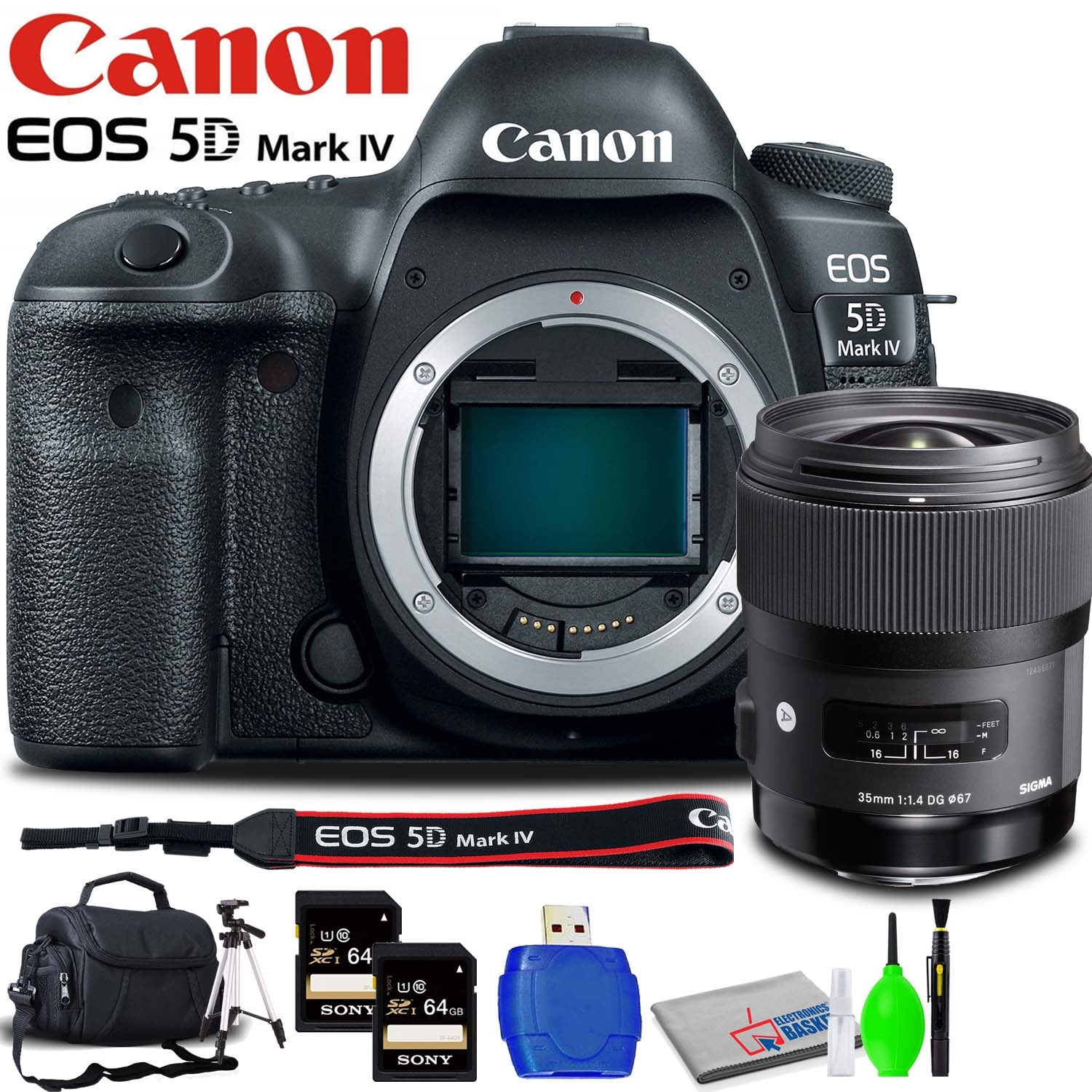 Canon EOS 5D Mark IV DSLR Camera Body Only Accessory Bundle with Sigma 35mm Lens, Memory Card Kit, Carrying Case, Tripod Canon