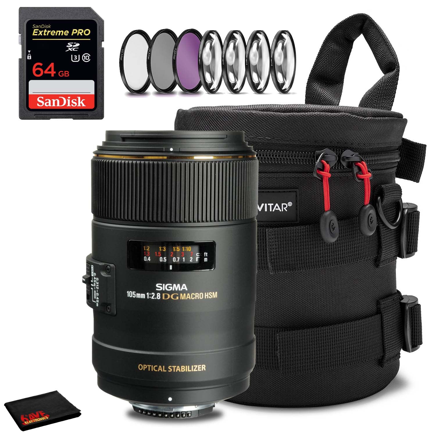 Sigma 105mm f/2.8 EX DG OS HSM Macro Lens for Nikon F with 7-Piece Filter Kit, 64GB SDXC Memory Card and Protective Lens Case Sigma