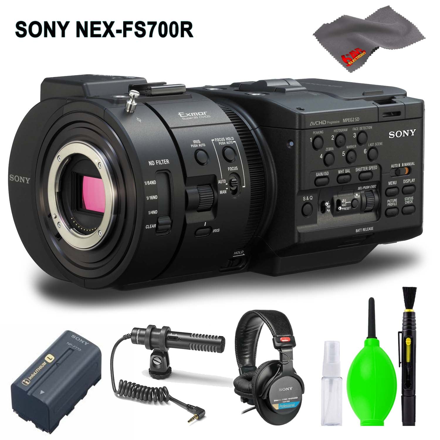 Sony NEX-FS700R Super 35 Camcorder Body Only Accessory Bundle with Condenser Mic, Stereo Headphones and Cleaning Kit Sony