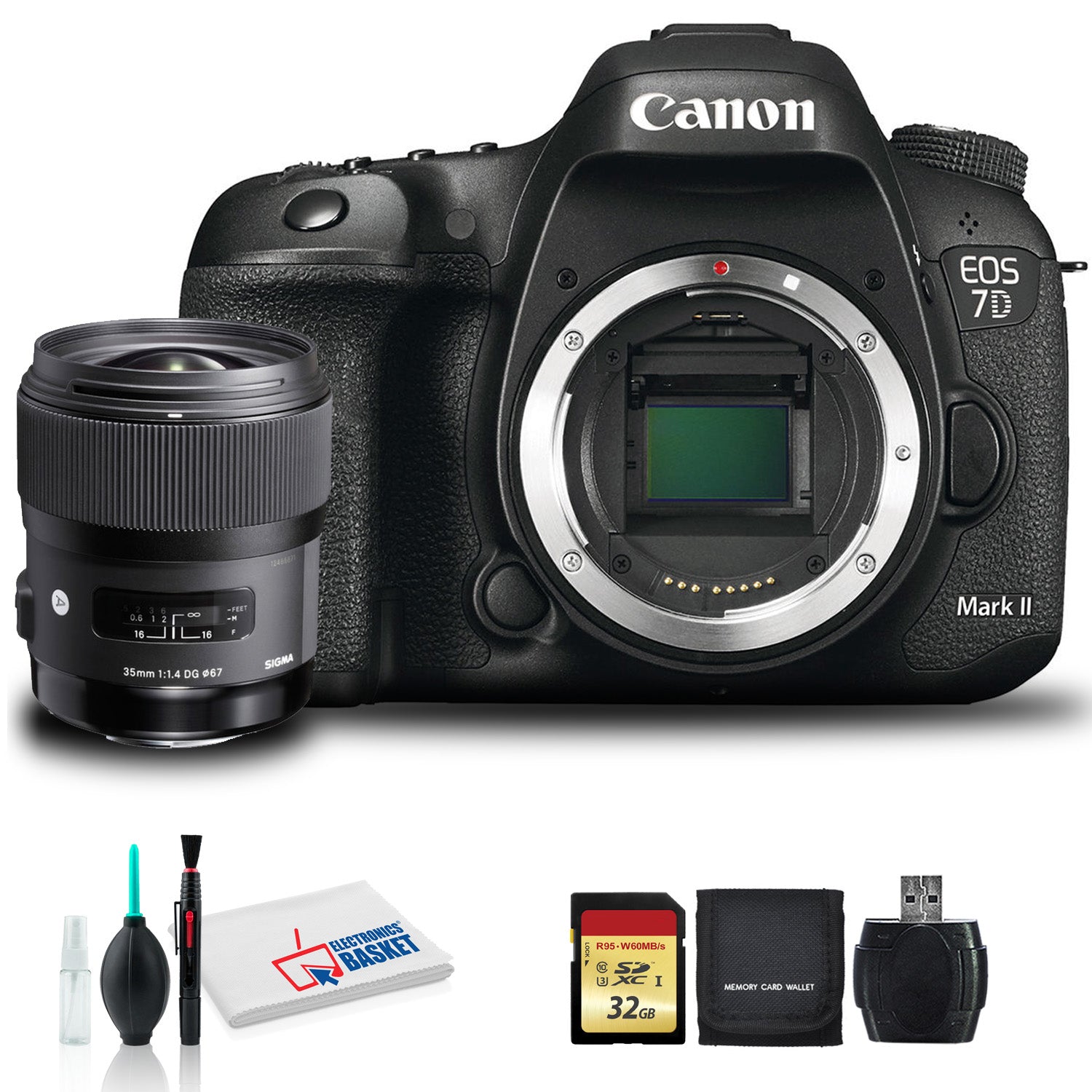 Canon EOS 7D Mark II DSLR Camera with Sigma 35mm f/1.4 DG HSM Art Lens, Lens Cleaning Kit, 32GB Memory Kit, Intl Model Canon