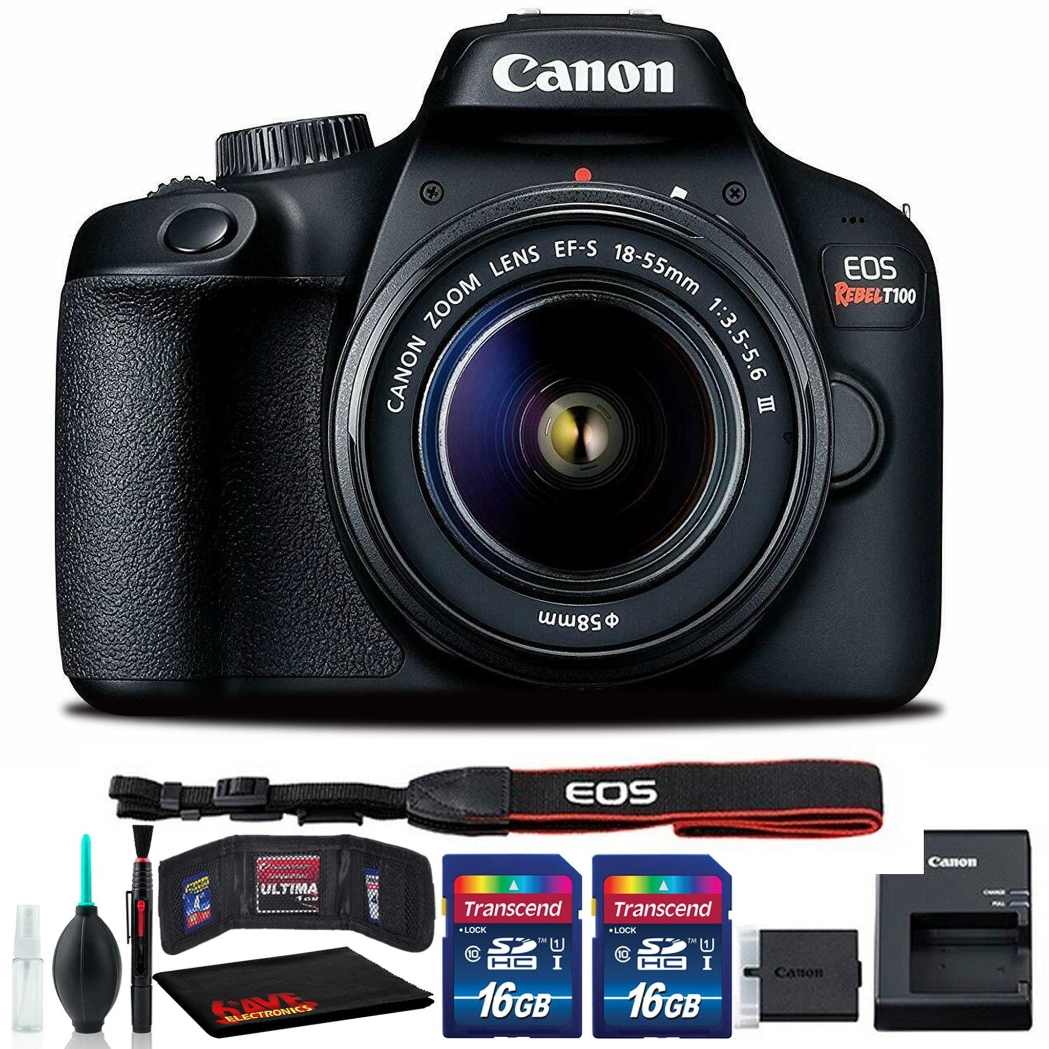 Canon EOS Rebel T100 DSLR Camera with 18-55mm III Lens Intl Model Includes Two 16GB Memory Cards and Cleaning Kit Canon