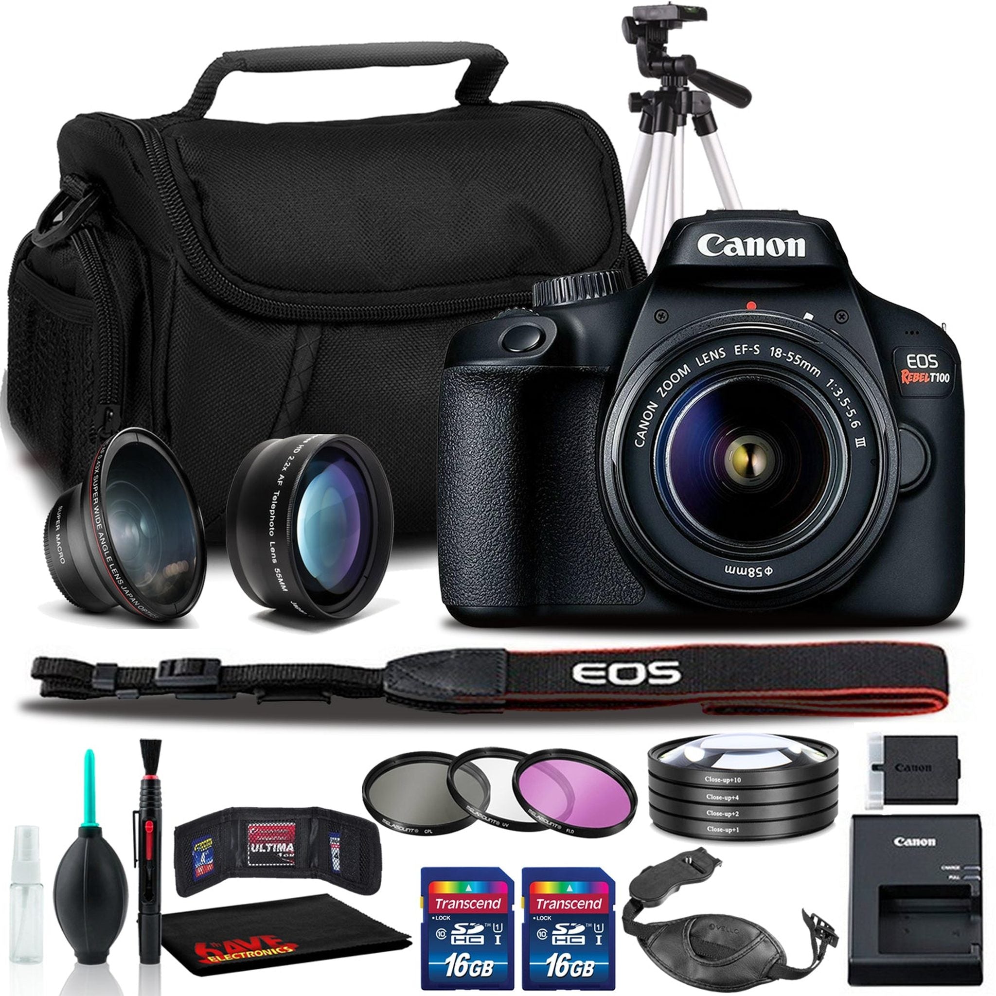 Canon EOS Rebel T100 DSLR Camera with 18-55mm III Lens Intl Model + Bag + Tripod + Filters + Telephoto Lens + More Canon