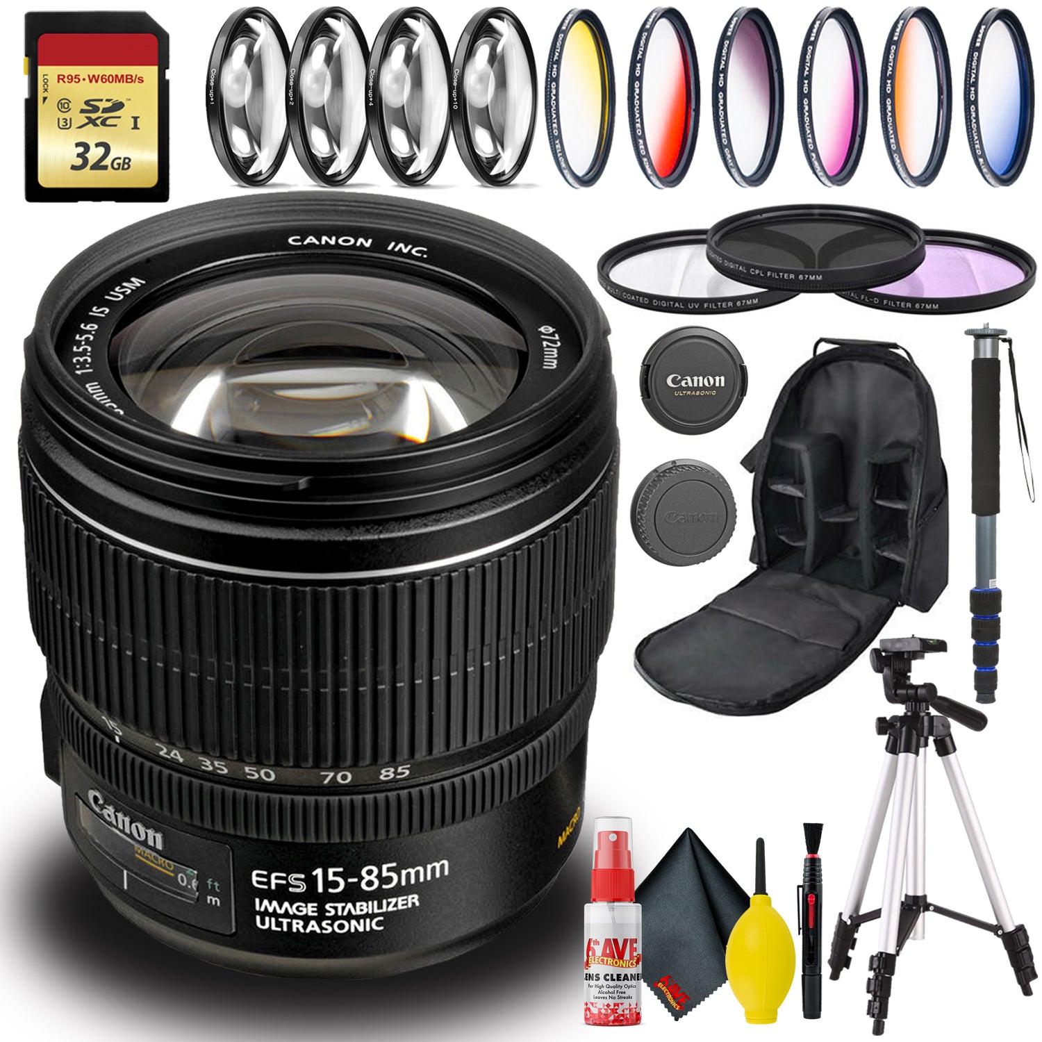 Canon EF-S 15-85mm USM Lens Intl Model Includes Filters, Backpack, and More Canon