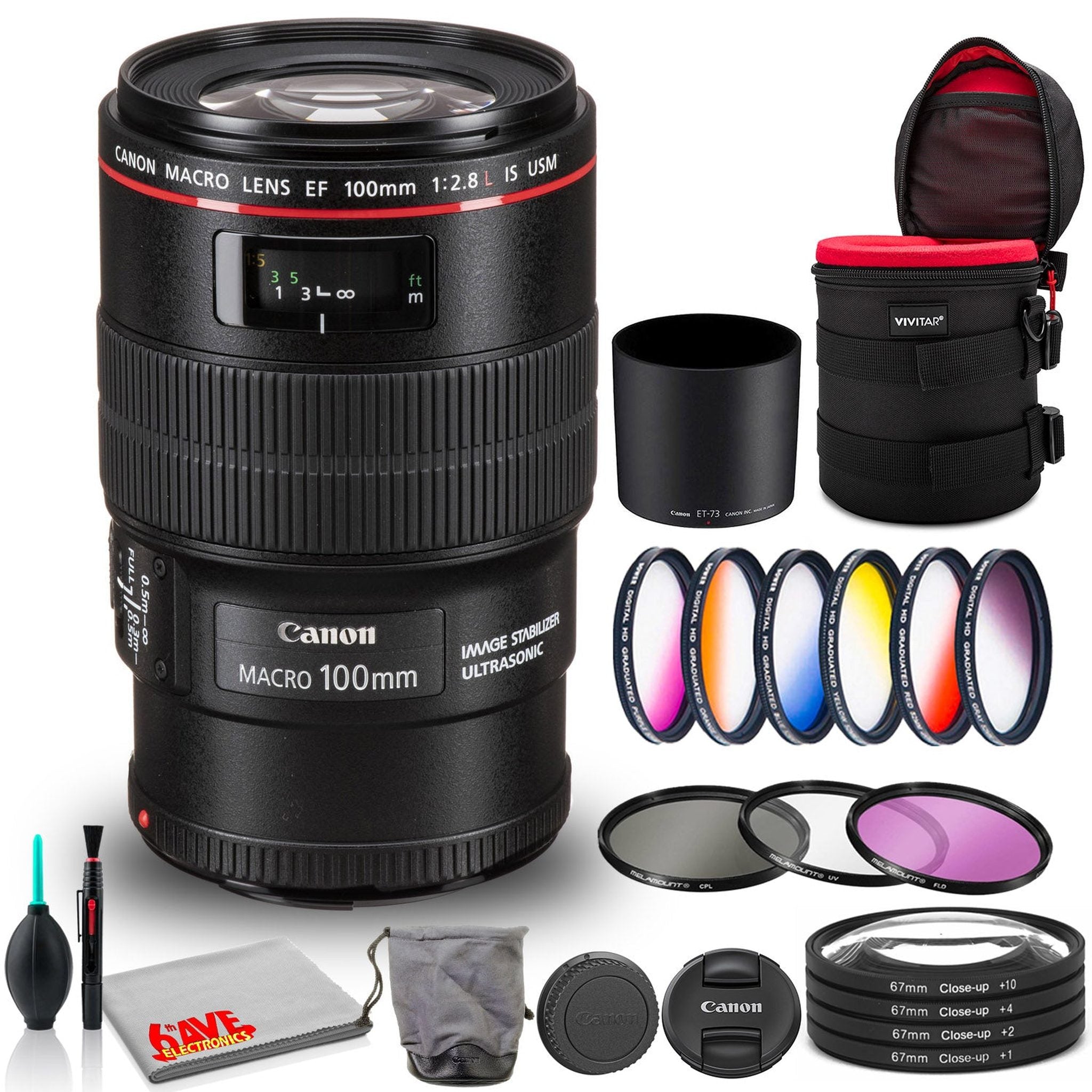 Canon EF 100mm f/2.8L Macro IS USM Lens Bundle with Cleaning Kit, Filter Kits, and Padded Lens Case Intl Model Canon