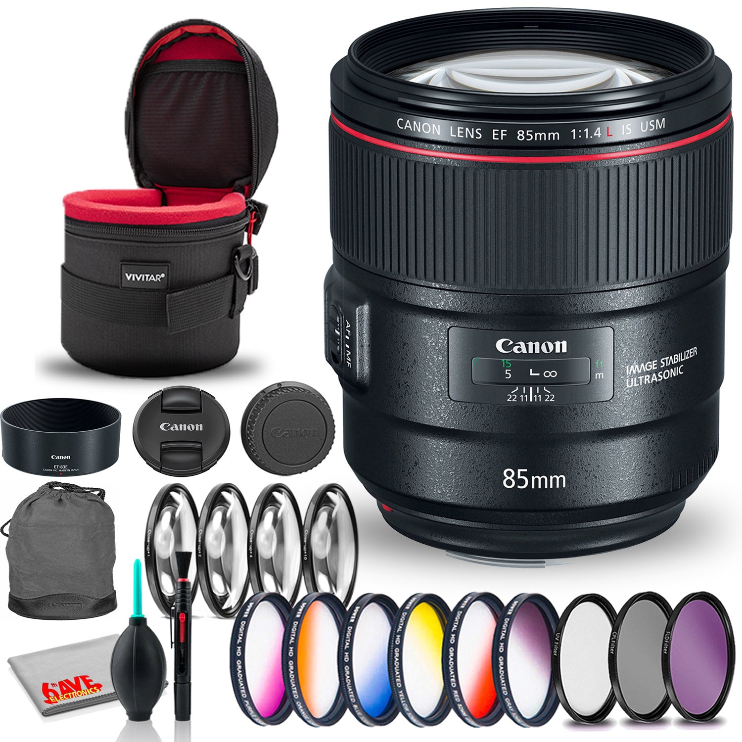 Canon EF 85mm f/1.4L IS USM Lens Bundle with Cleaning Kit, Filter Kit, and Padded Lens Case International Model Canon