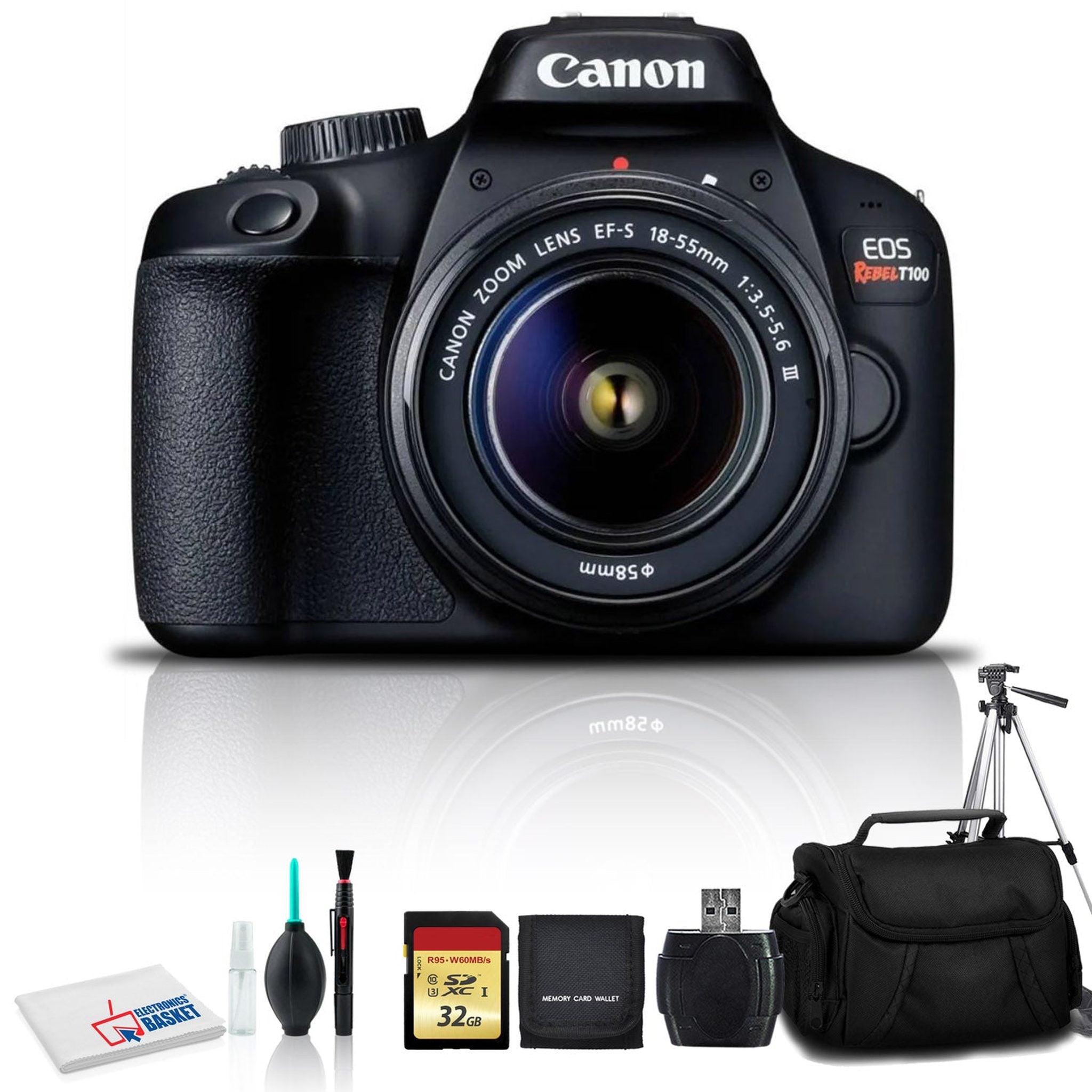 Canon EOS Rebel T100 DSLR Camera with 18-55mm Lens, Cleaning Kit, 32GB Memory Kit, Carry Case, and Full Size Tripod Canon