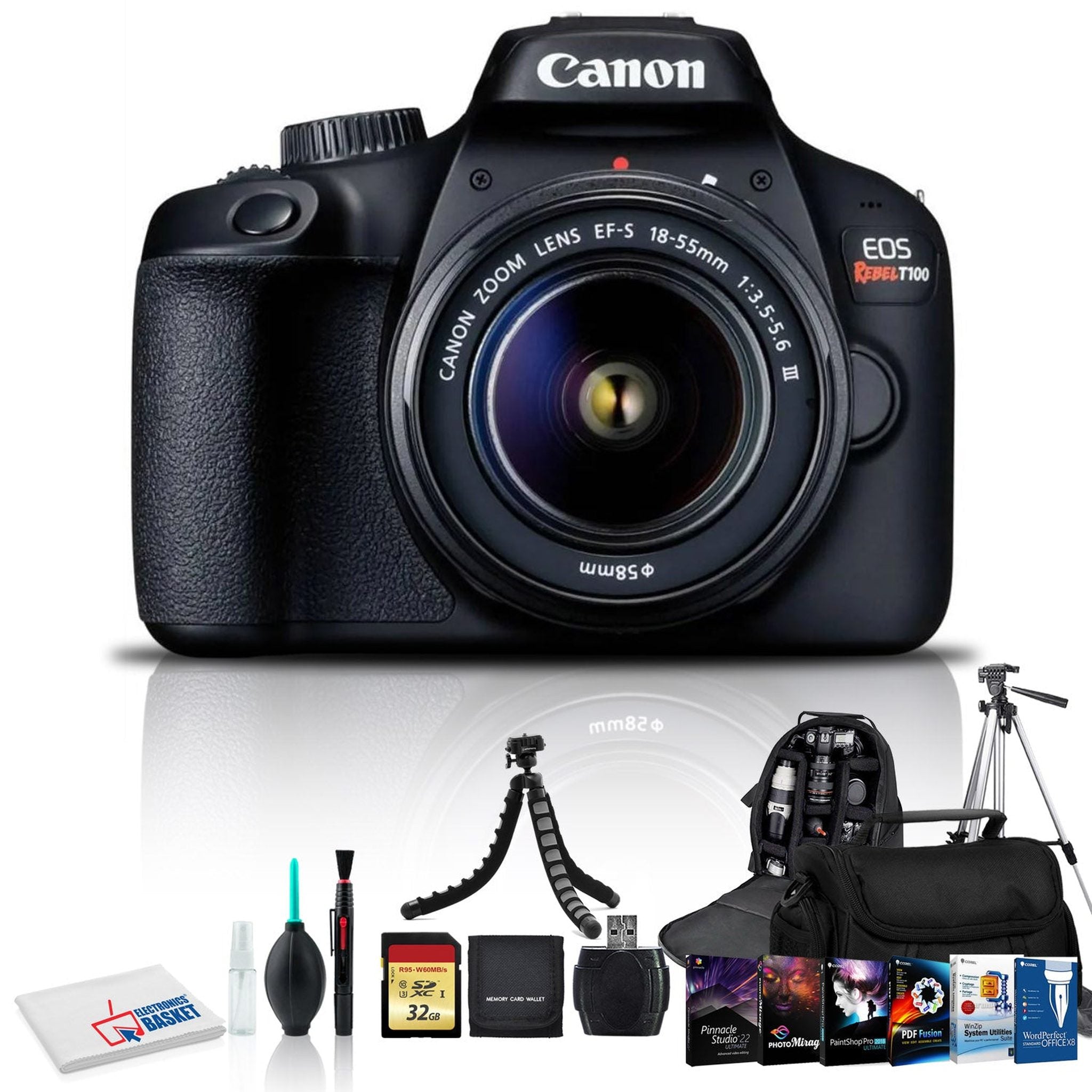 Canon EOS Rebel T100 DSLR Camera with 18-55mm Lens, Cleaning Kit, 32GB Memory, Carry Case, Backpack, Tripods, Corel Software Kit Canon