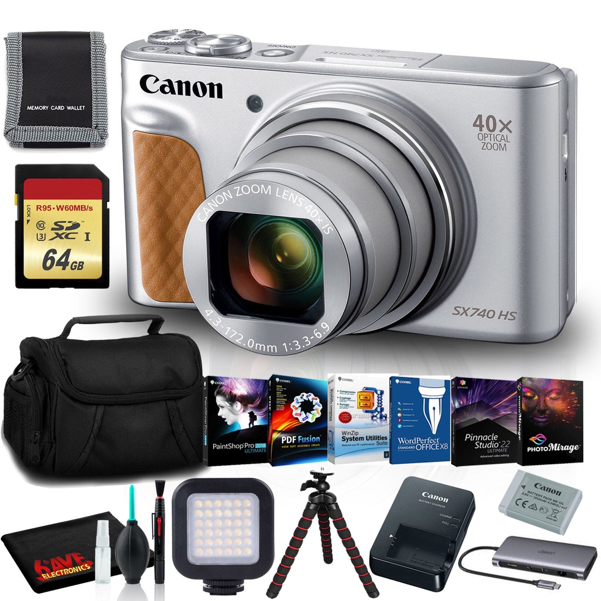 Canon PowerShot SX740 Digital Camera Silver with LED Light, Memory Card Bundle Canon