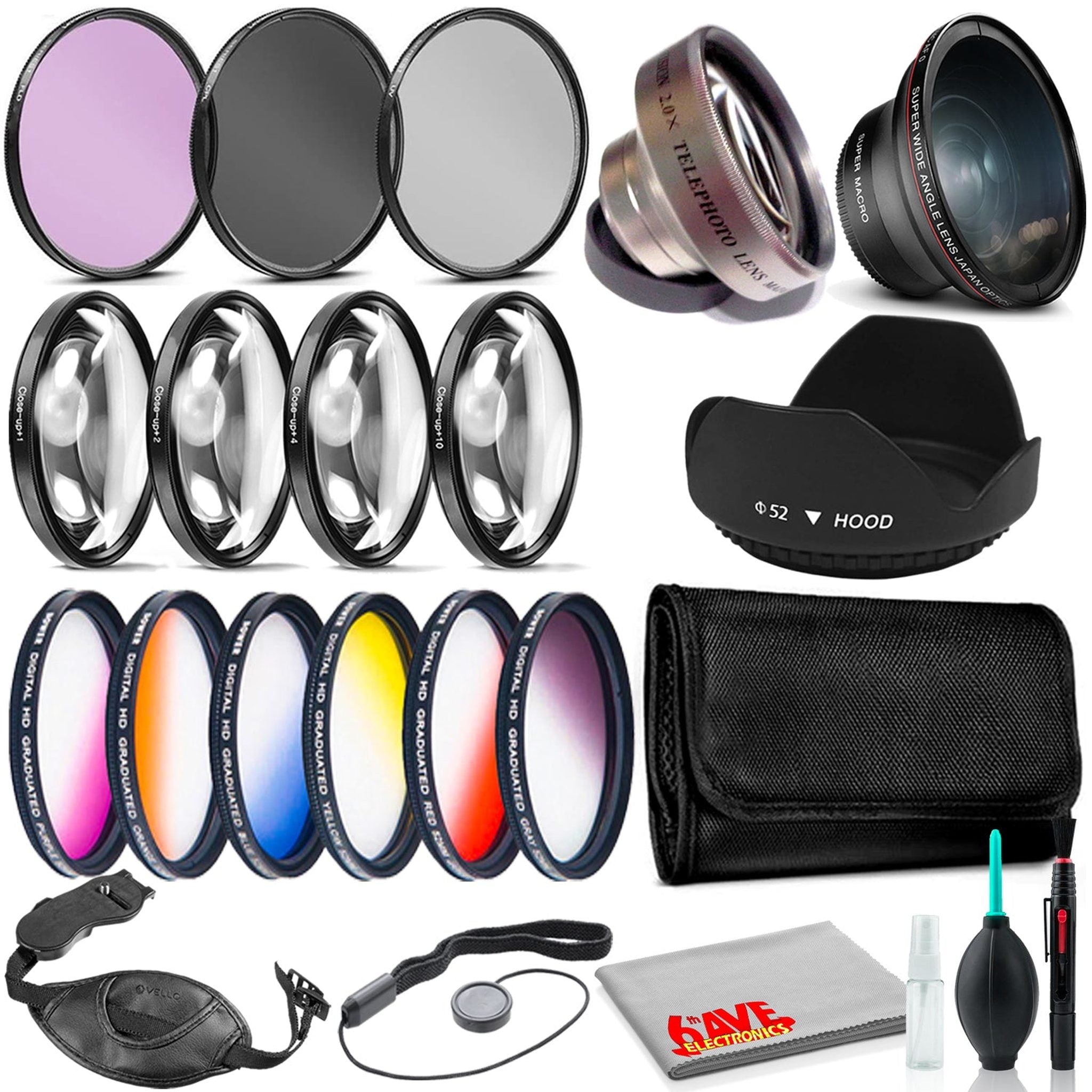 52mm Accessories Kit with Wide Angle and Telephoto Lens, Tulip Hood Bundle 6th Ave Electronics