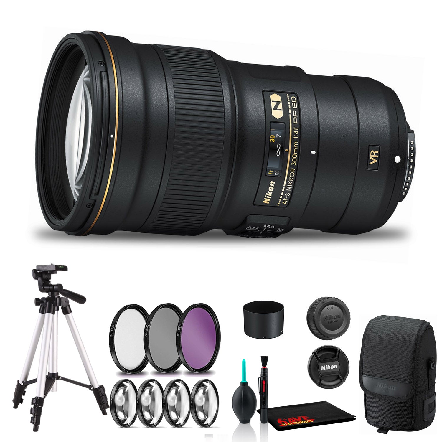 Nikon AF-S NIKKOR 300mm f/4E PF ED VR Lens Includes Filter Kits and Tripod (Intl Model) Bundle