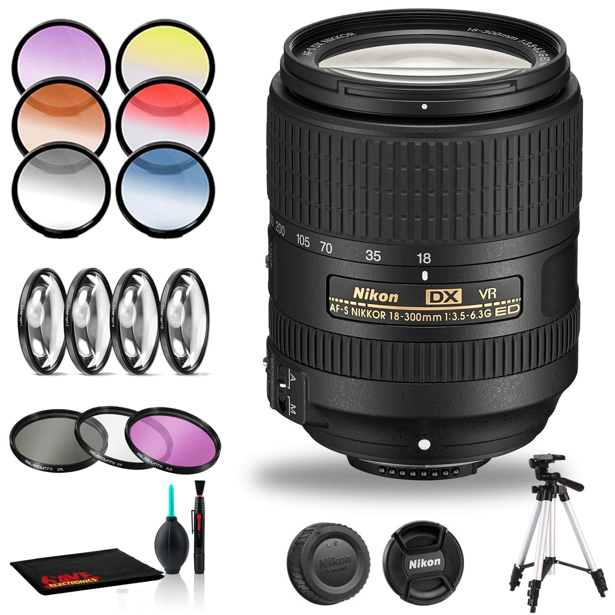 Nikon AF-S DX NIKKOR 18-300mm f/3.5-6.3G ED VR Lens Includes Filter Kits and Tripod Intl Model Bundle Nikon