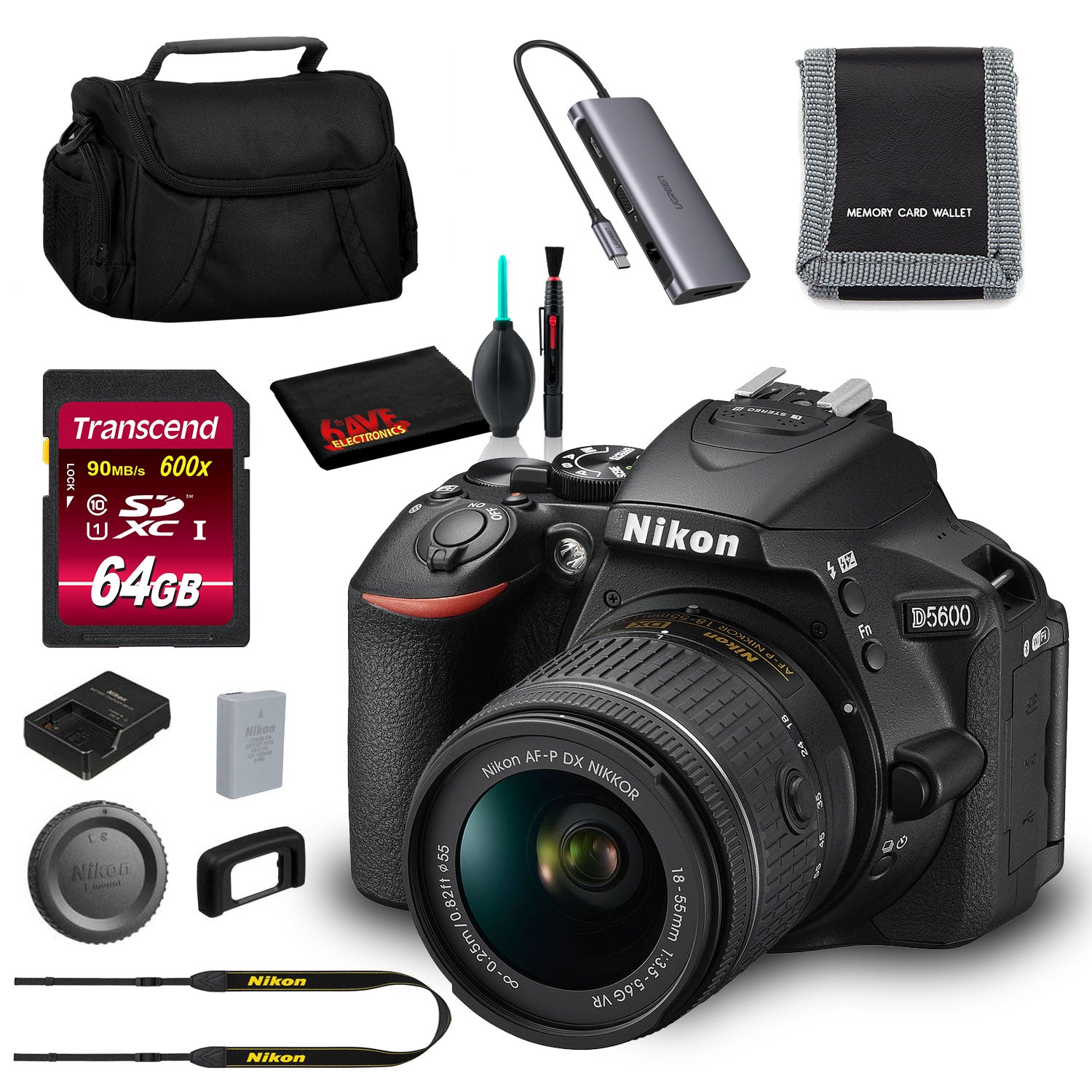 Nikon D5600 DSLR Camera with 18-55mm Lens Intl Model and 64GB Memory Bundle Nikon