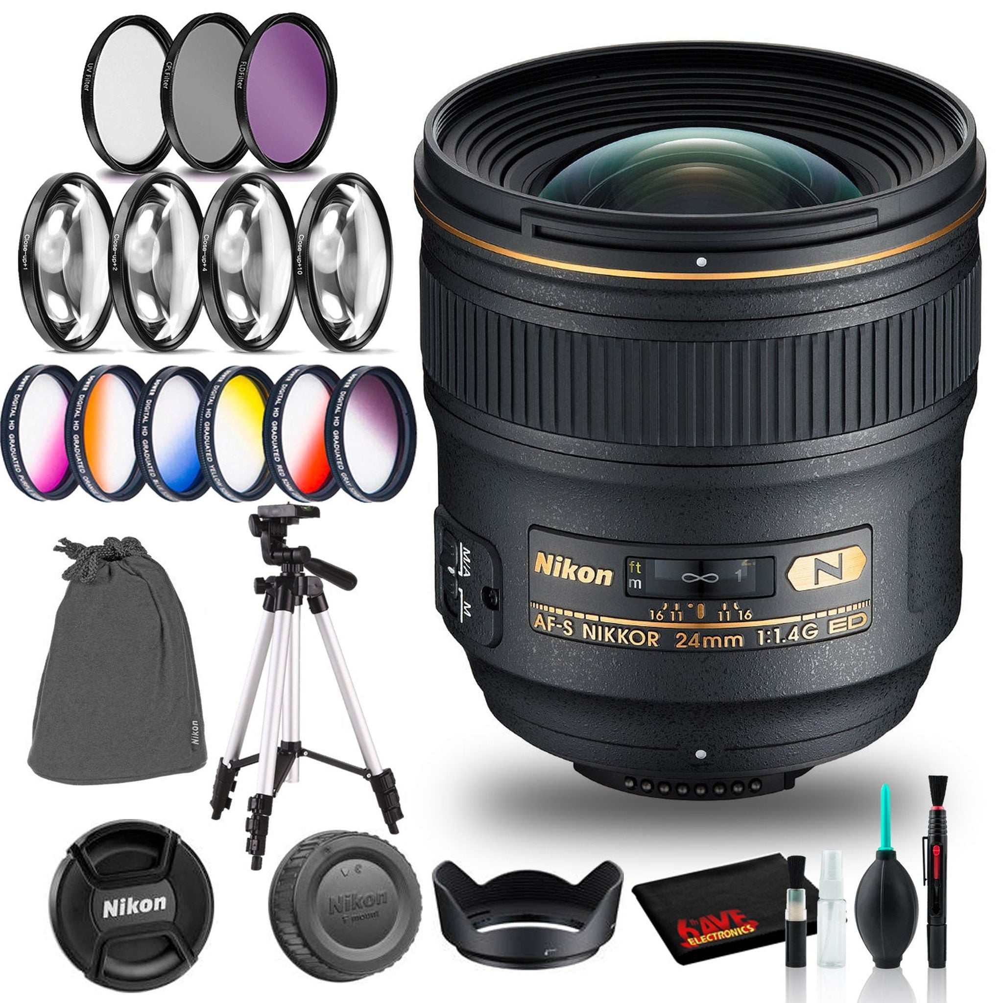 Nikon AF-S NIKKOR 24mm f/1.4G ED Lens Intl Model Includes Filters and Tripod Bundle Nikon