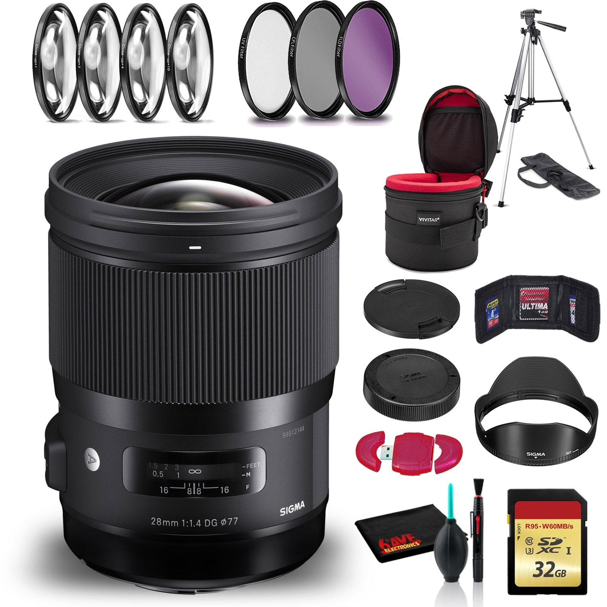 Sigma 28mm f/1.4 DG HSM Art Lens for Canon EF with Cleaning Kit, Full Size Tripod, 32GB Memory Kit, Filter Kit, and Case Sigma