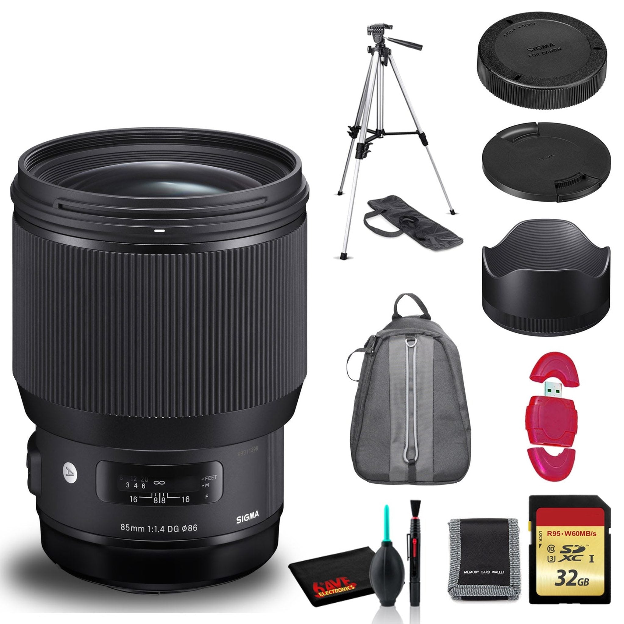 Sigma 85mm f/1.4 DG HSM Art Lens for Canon EF with Cleaning Kit, Tripod, 32GB Memory Kit, and Padded Backpack Sigma