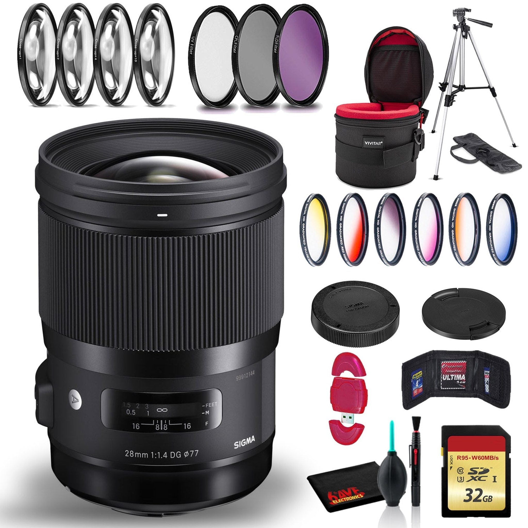 Sigma 28mm f/1.4 DG HSM Art Lens for Canon EF with Cleaning Kit, Full Size Tripod, 32GB Memory Kit, Filter Kit, and Case Sigma