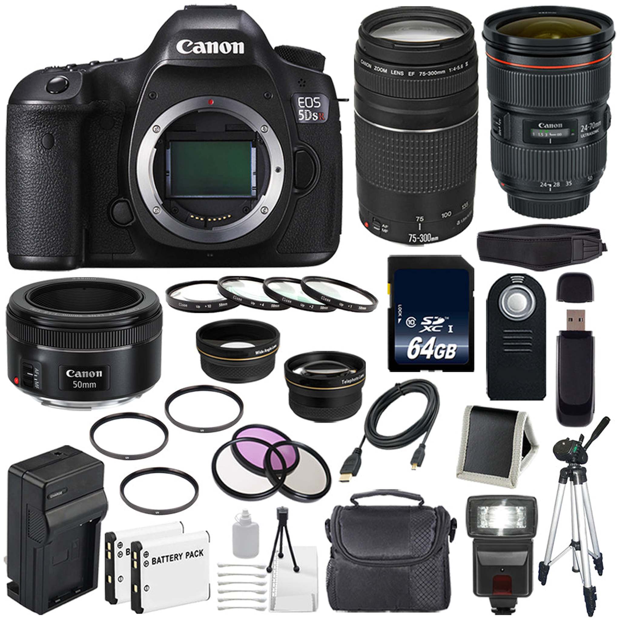 Canon EOS 5DS R DSLR Camera International Model 0582C002 + Canon EF 24-70mm f/2.8L II USM Lens + Canon EF 75-300 III Deluxe Bundle Canon