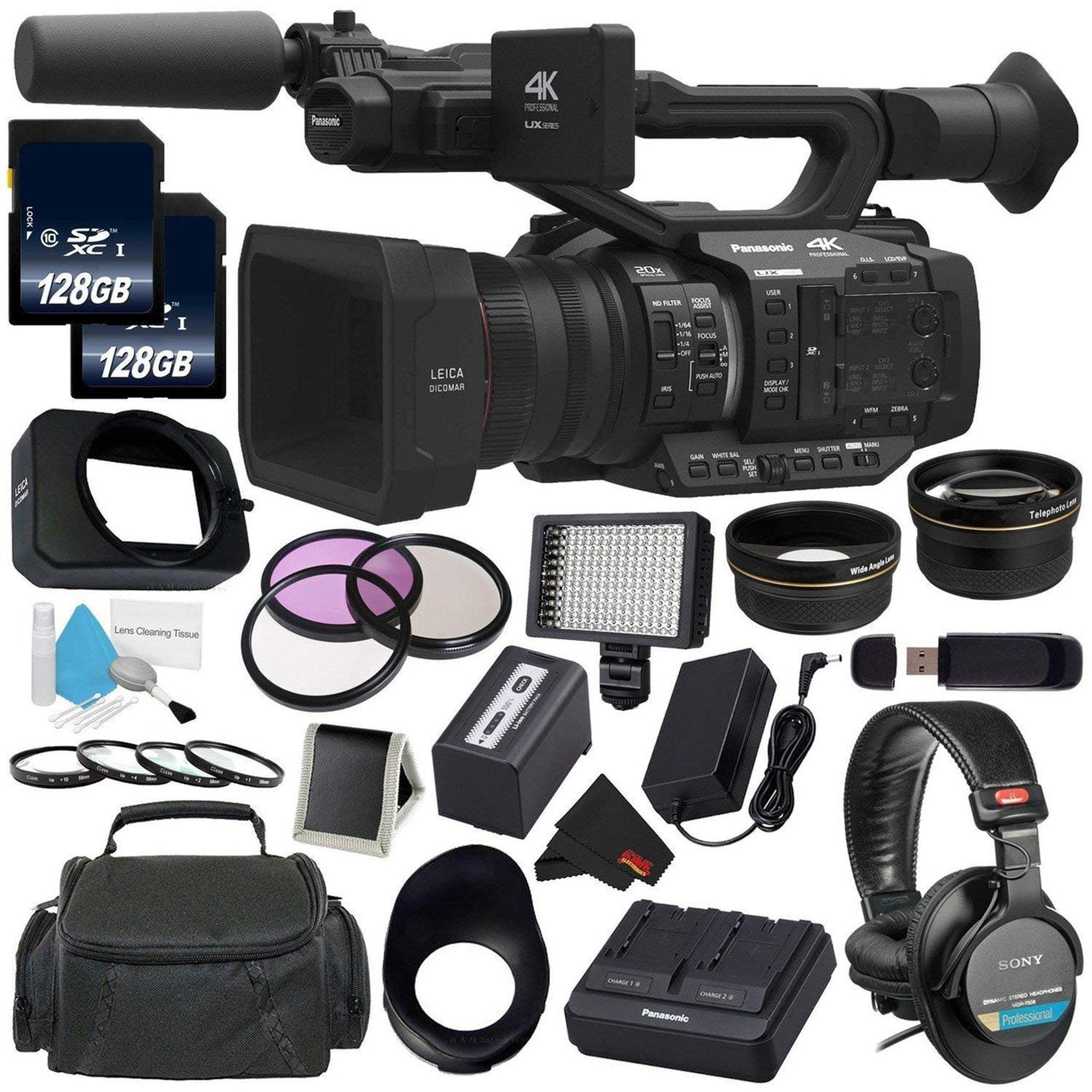 Panasonic AG-UX180 AG-UX180PJ 4K Premium Professional Camcorder + 128GB SDXC Class 10 Memory Card + Carrying Case + Professional 160 LED Video Light Studio Series + Sony MDR-7506 Headphone Bundle Panasonic