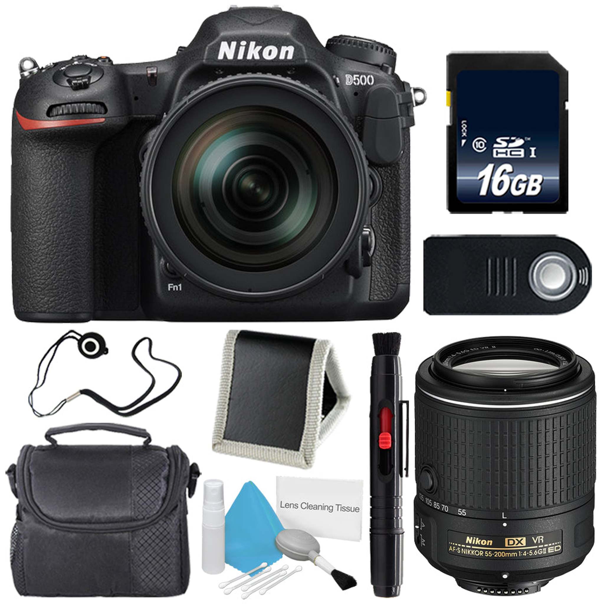 Nikon D500 DSLR Camera with 16-80mm Lens International Model + Nikon AF-S DX NIKKOR 55-200mm f/4-5.6G ED VR II Lens International Model Base Bundle Nikon